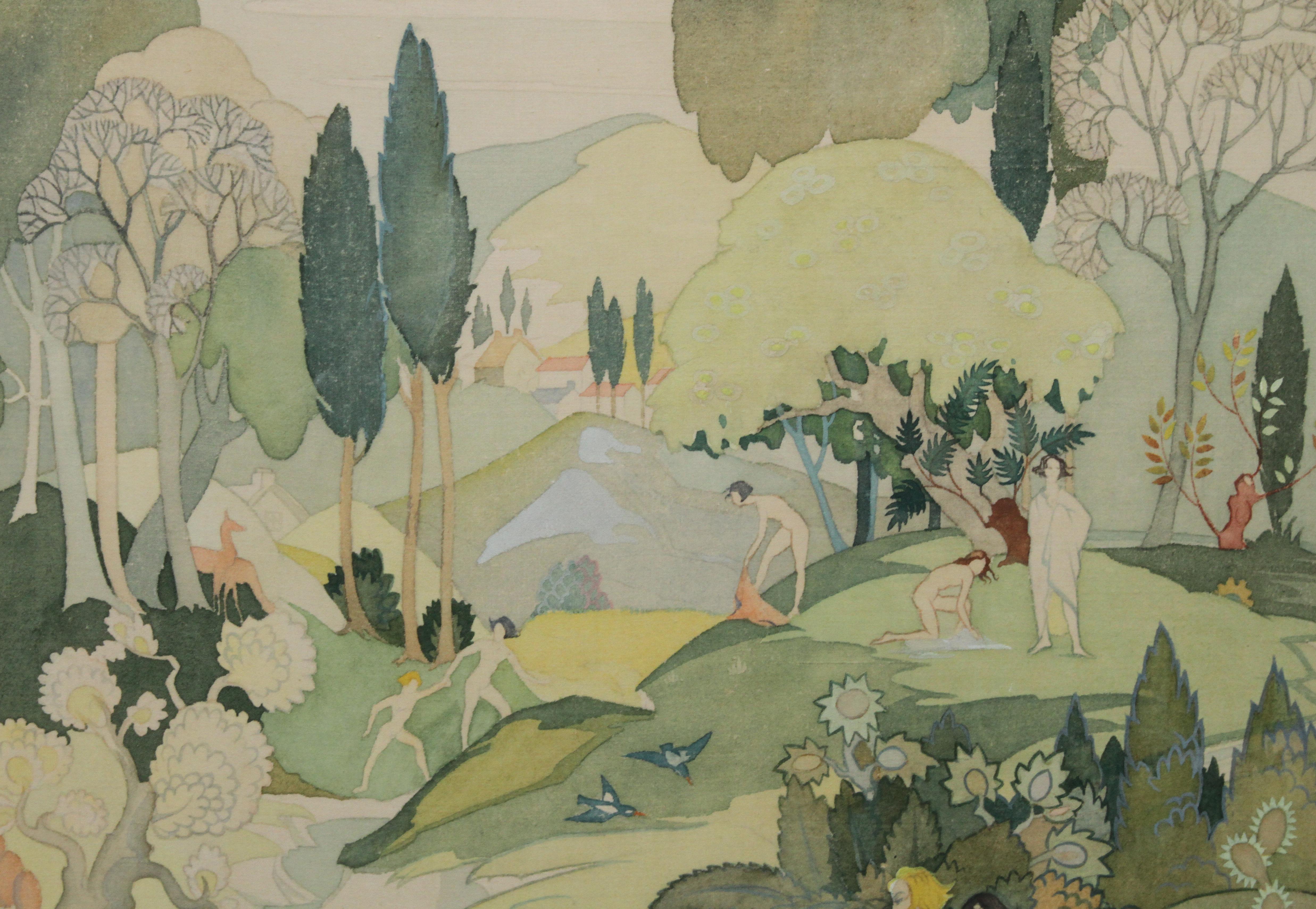 The Bathers – British Art Deco-Ausstellung figurativer Landschafts-Aquarell-Seidenschal 2