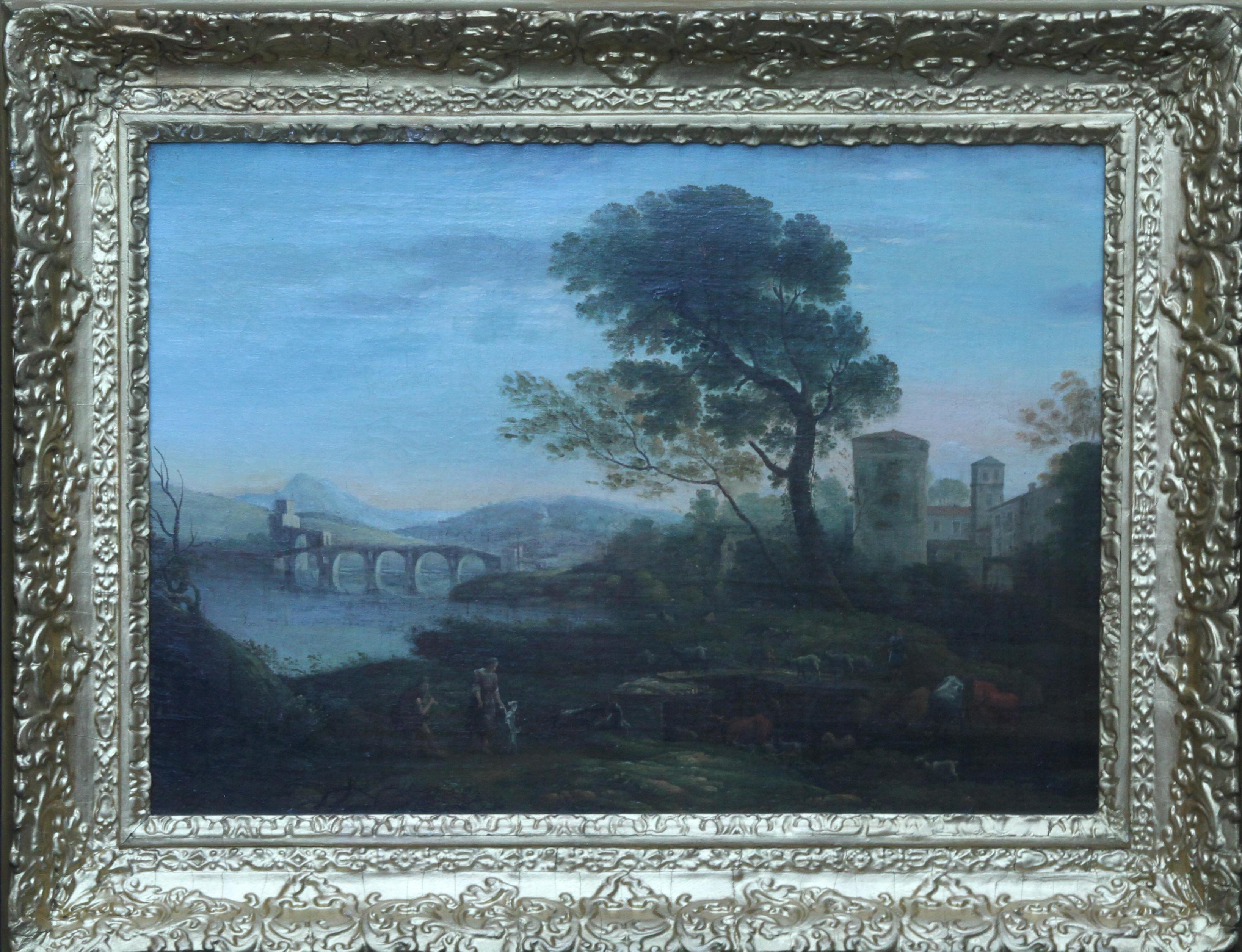 This fine Old Master  18th century Flemish oil painting of a classical landscape is by the circle of Jan Frans van Bloemen. In the foreground are figures with numerous cattle, sheep and goats. Behind are dwellings with a bridge over a river. The