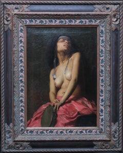 The Tambourine Girl - French Art Orientalist Musical Nude Portrait Oil Painting
