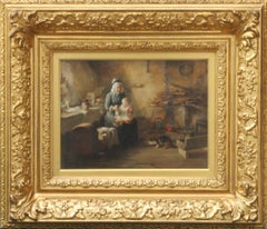 Antique Feeding Time - 1890 Scottish Victorian genre art cottage interior oil painting