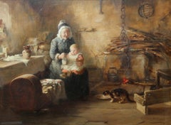 Feeding Time - 1890 Scottish Victorian genre art cottage interior oil painting