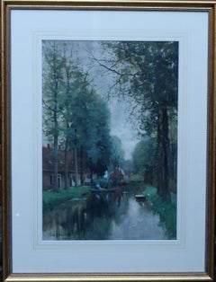 Boating on the Canal - Dutch painting 19thC art Hague School canal landscape