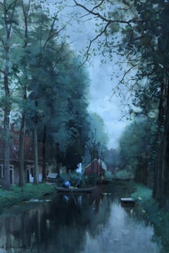 Boating on the Canal - Dutch painting 19thC art Hague School canal landscape