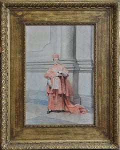 Antique Catholic Cardinal - Italian artist 19thC religious art painting reading Rome