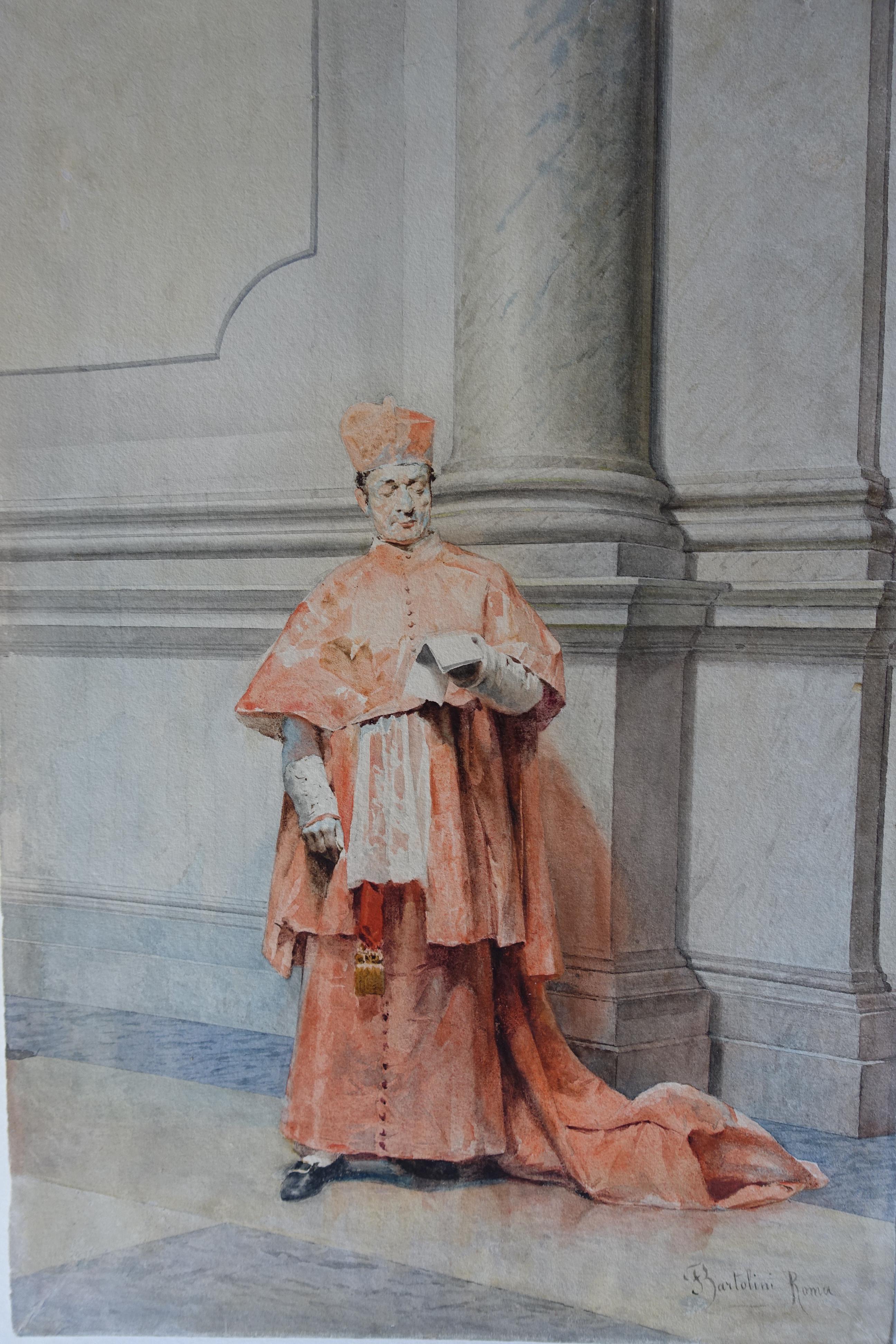 Catholic Cardinal - Italian artist 19thC religious art painting reading Rome - Gray Figurative Art by Federico Bartolini