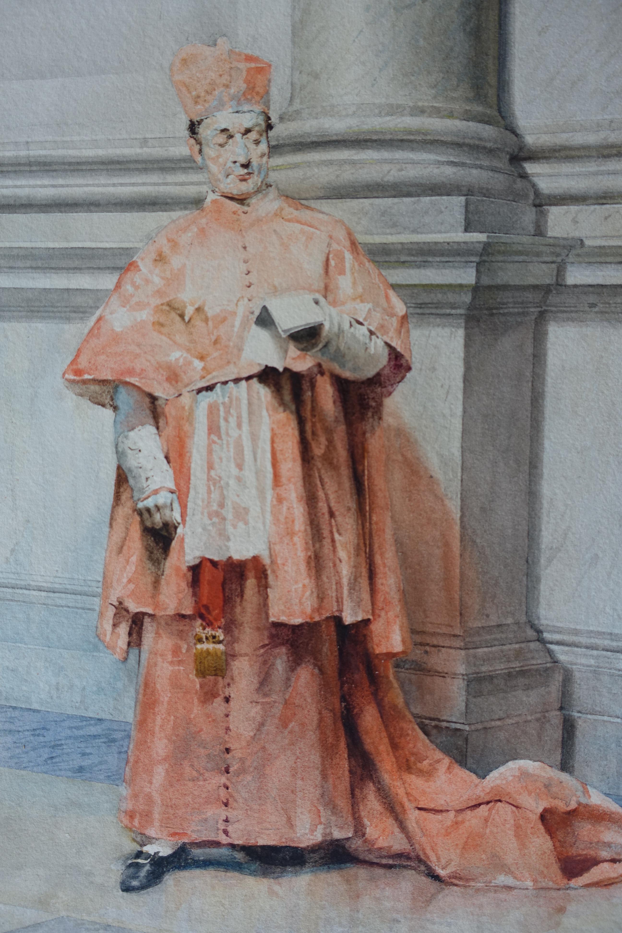 A beautiful Italian Realist watercolour portrait of an Italian catholic Cardinal against a backdrop of the buildings by the 19th century Italian artist Federico Bartolini. Painted circa 1890. 
Signed lower right Bartolini Roma.
Housed in a gilded