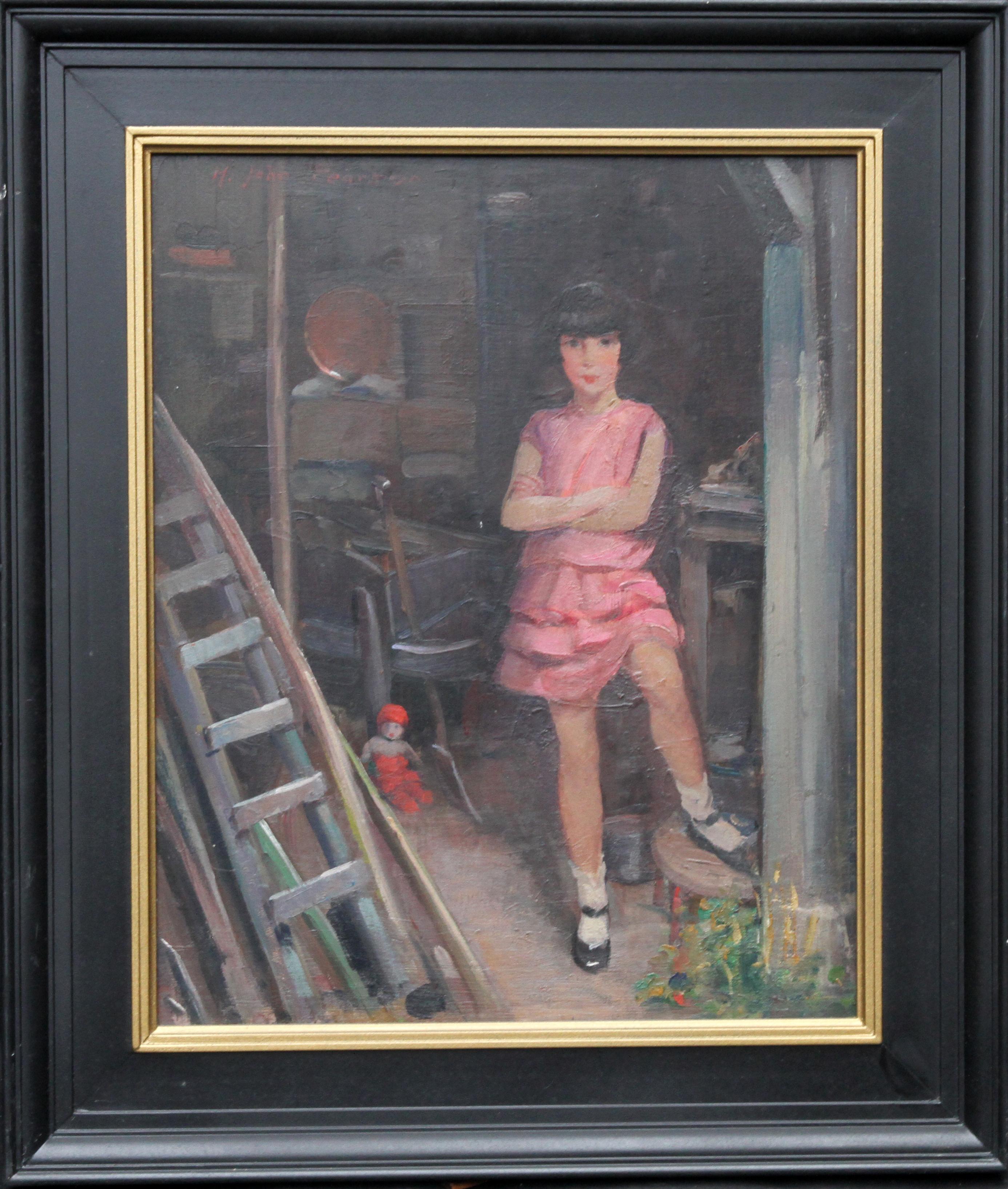 Harry John Pearson Portrait Painting - Portrait of Audrey Hughes in Pink - British 1920's Art Deco oil painting