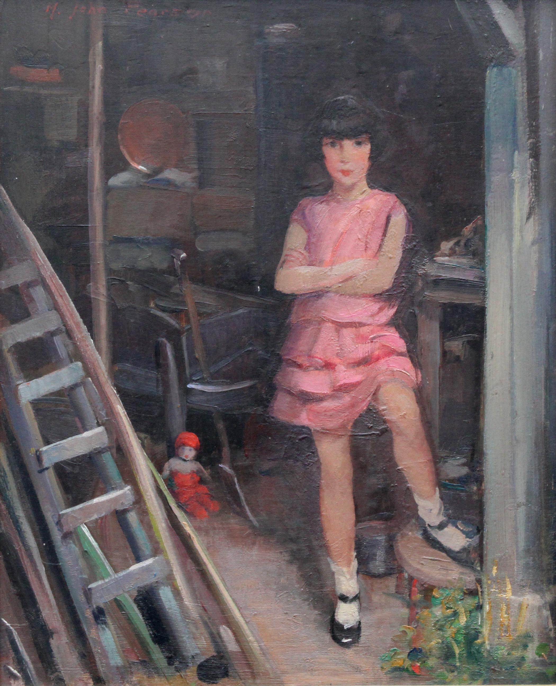 Portrait of Audrey Hughes in Pink - British 1920's Art Deco oil painting - Painting by Harry John Pearson