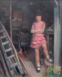 Portrait of Audrey Hughes in Pink - British 1920's Art Deco oil painting