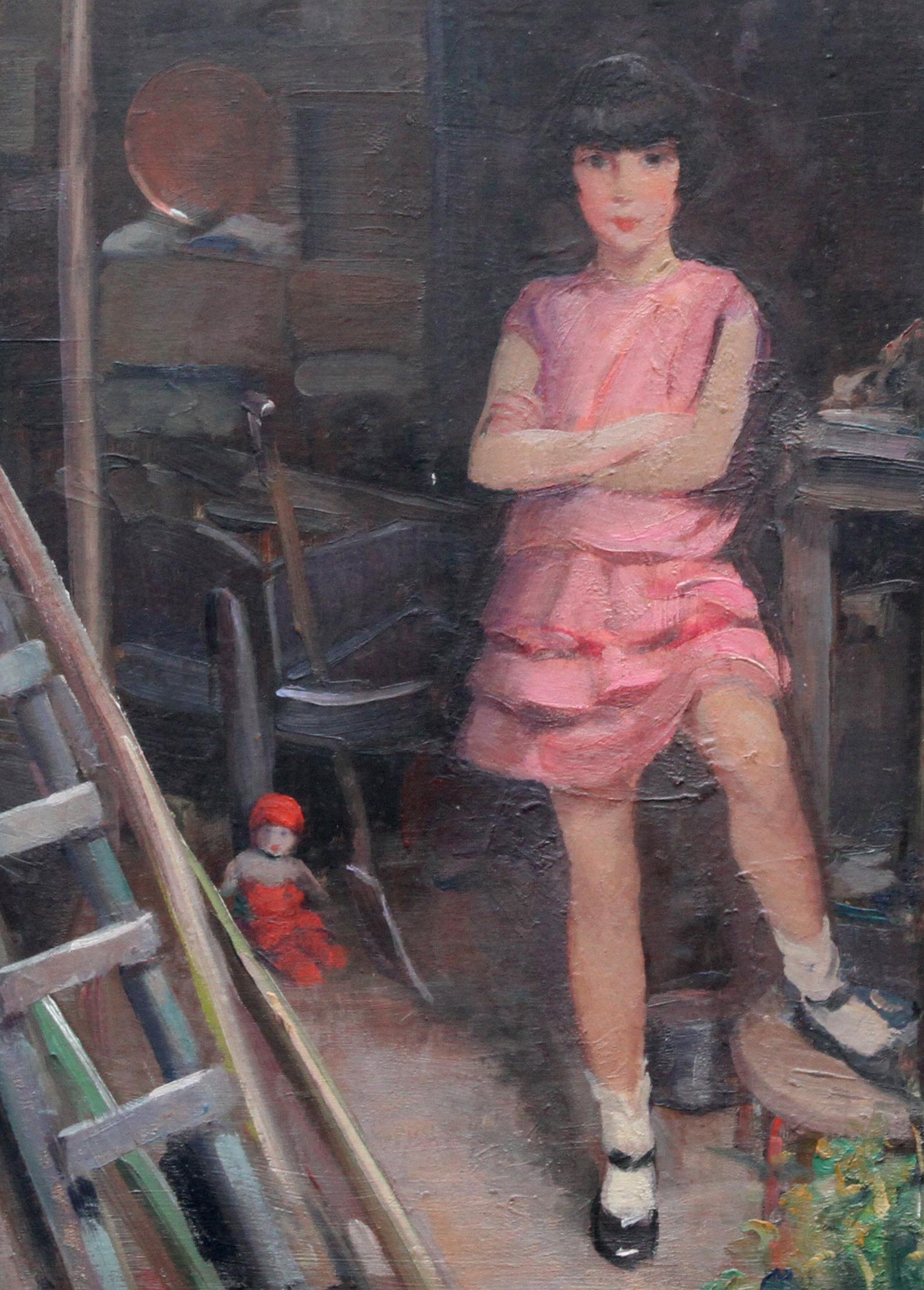 Portrait of Audrey Hughes in Pink - British 1920's Art Deco oil painting - Gray Portrait Painting by Harry John Pearson