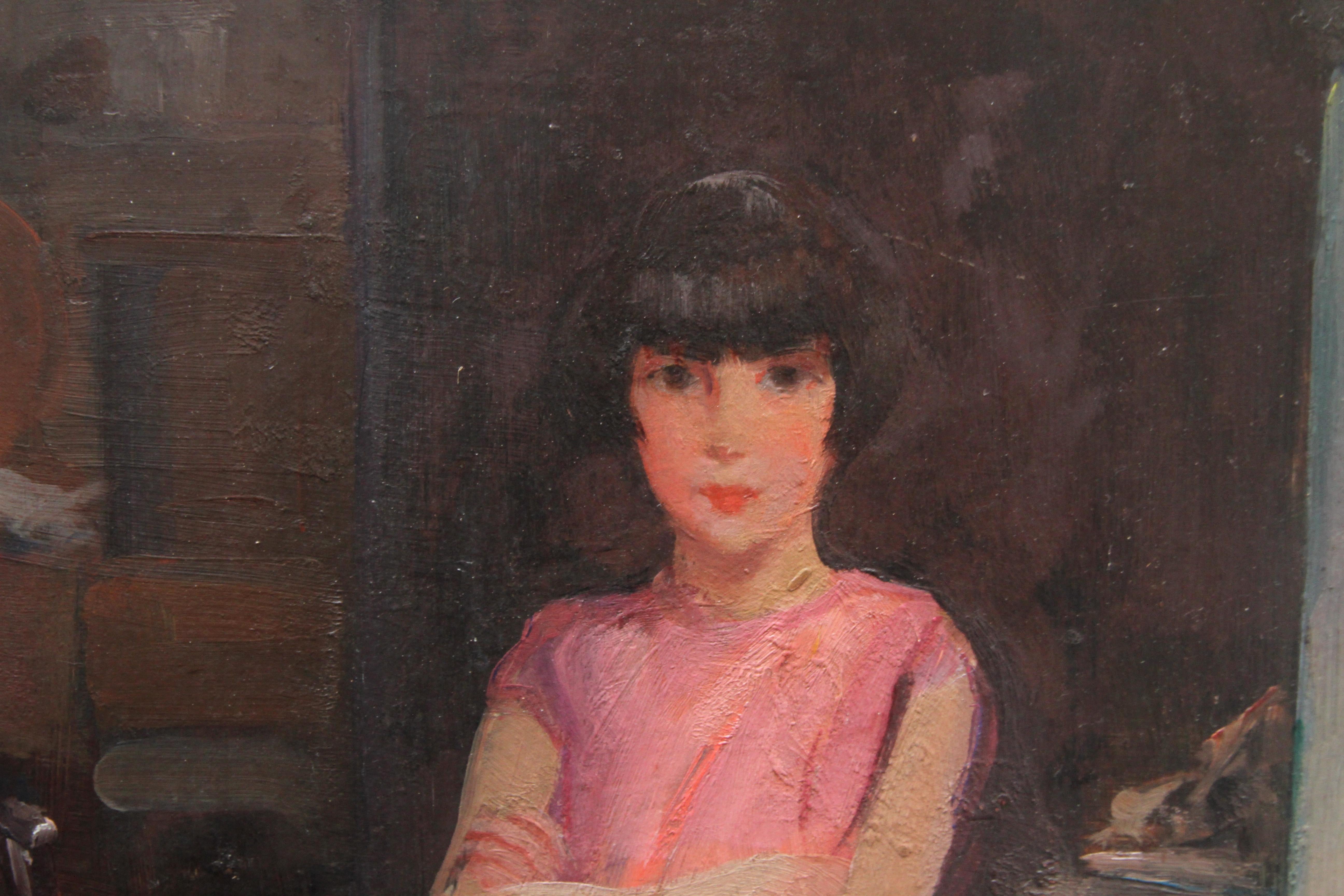 Portrait of Audrey Hughes in Pink - British 1920's Art Deco oil painting 1