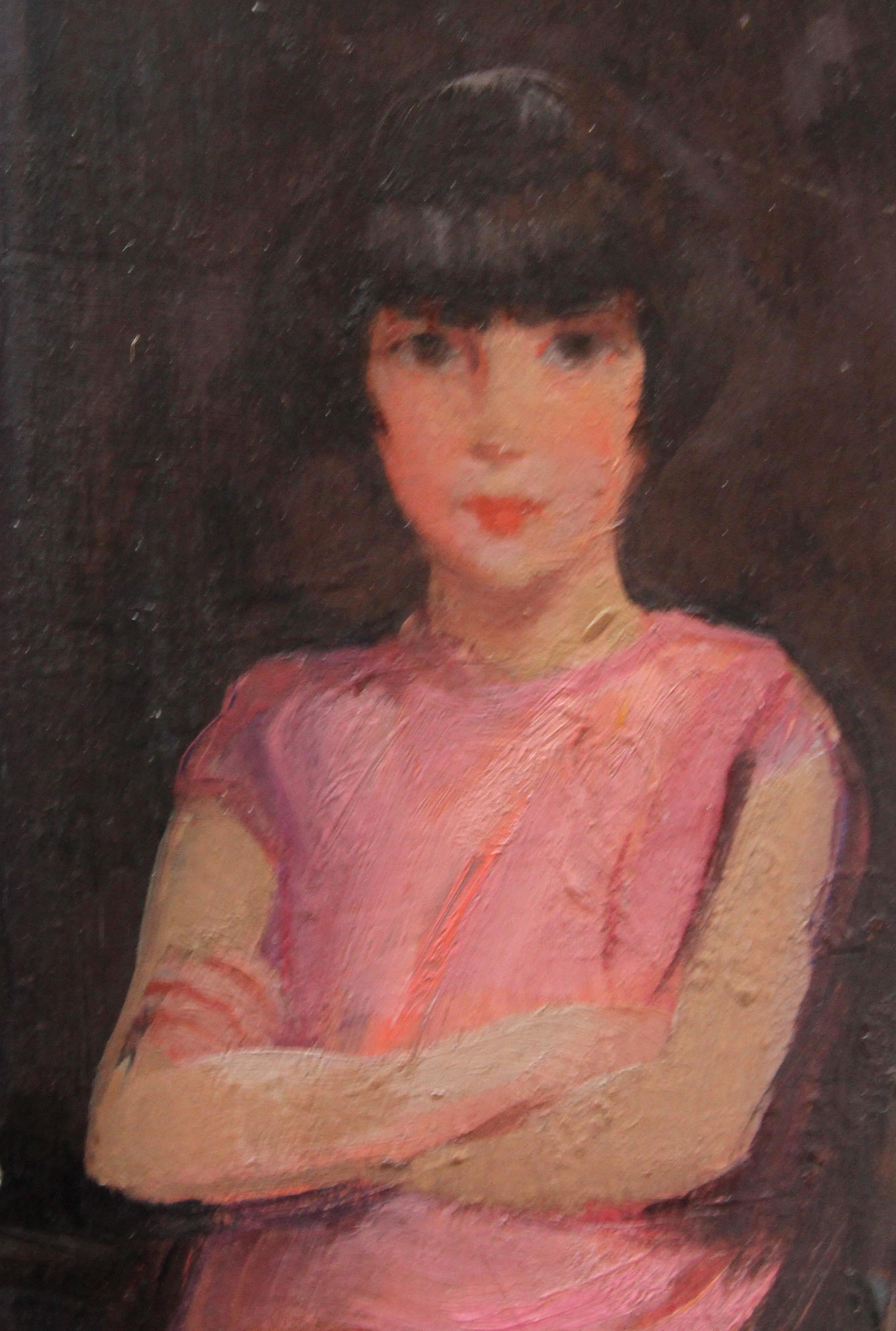 Portrait of Audrey Hughes in Pink - British 1920's Art Deco oil painting 2