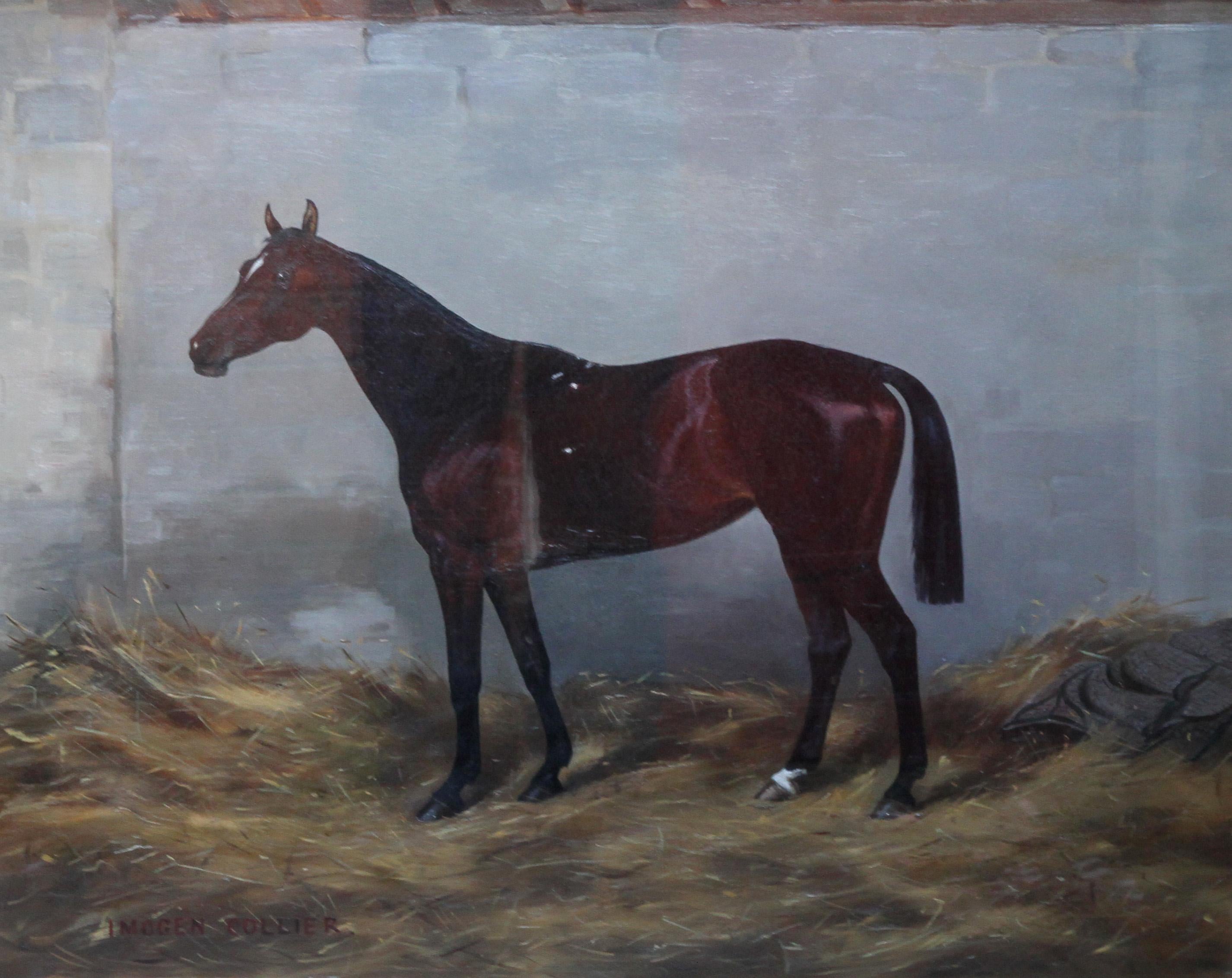 This lovely race horse oil painting is by female horse artist and horse breeder Imogen Mary Collier, of Foxhams Stud, Dartmoor. The horse's name is Honeys and we can see from Foxhams Stud website that Honeys was 'brown, white blaze, white off hind