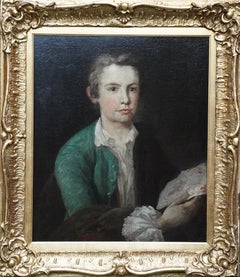 Portrait of Young Man Consulting Diagram - British 18thC portrait oil painting
