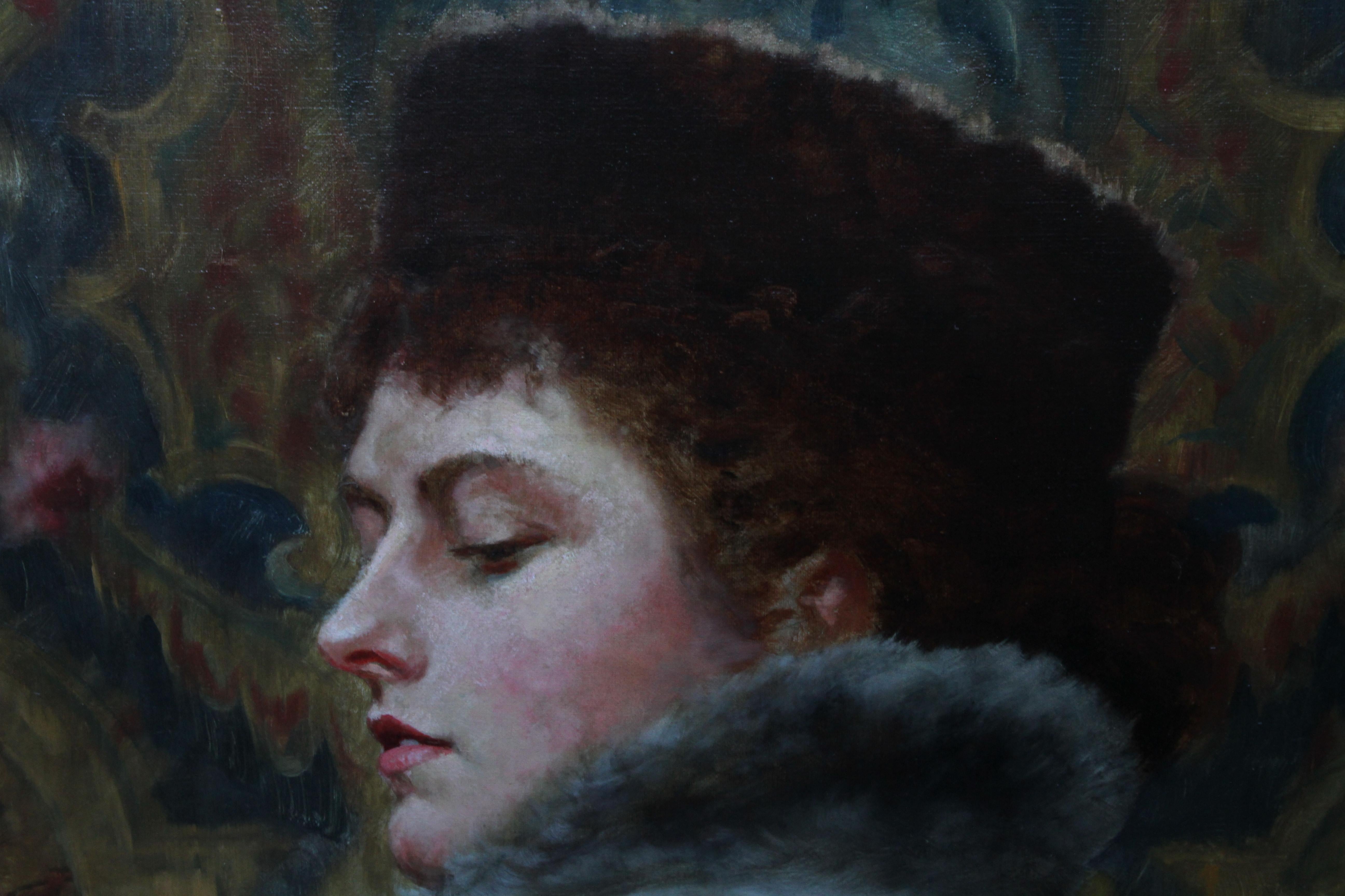 This beautiful and captivating portrait oil painting is by British artist Gerald Edward Wellesley. The portrait dates to the Victorian period, circa 1890 and depicts a bold British post Pre-Raphaelite portrait of Nora H Palairet in a fur trimmed