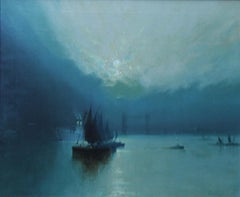 London Tower Bridge from River Thames - British art 1917 marine oil painting
