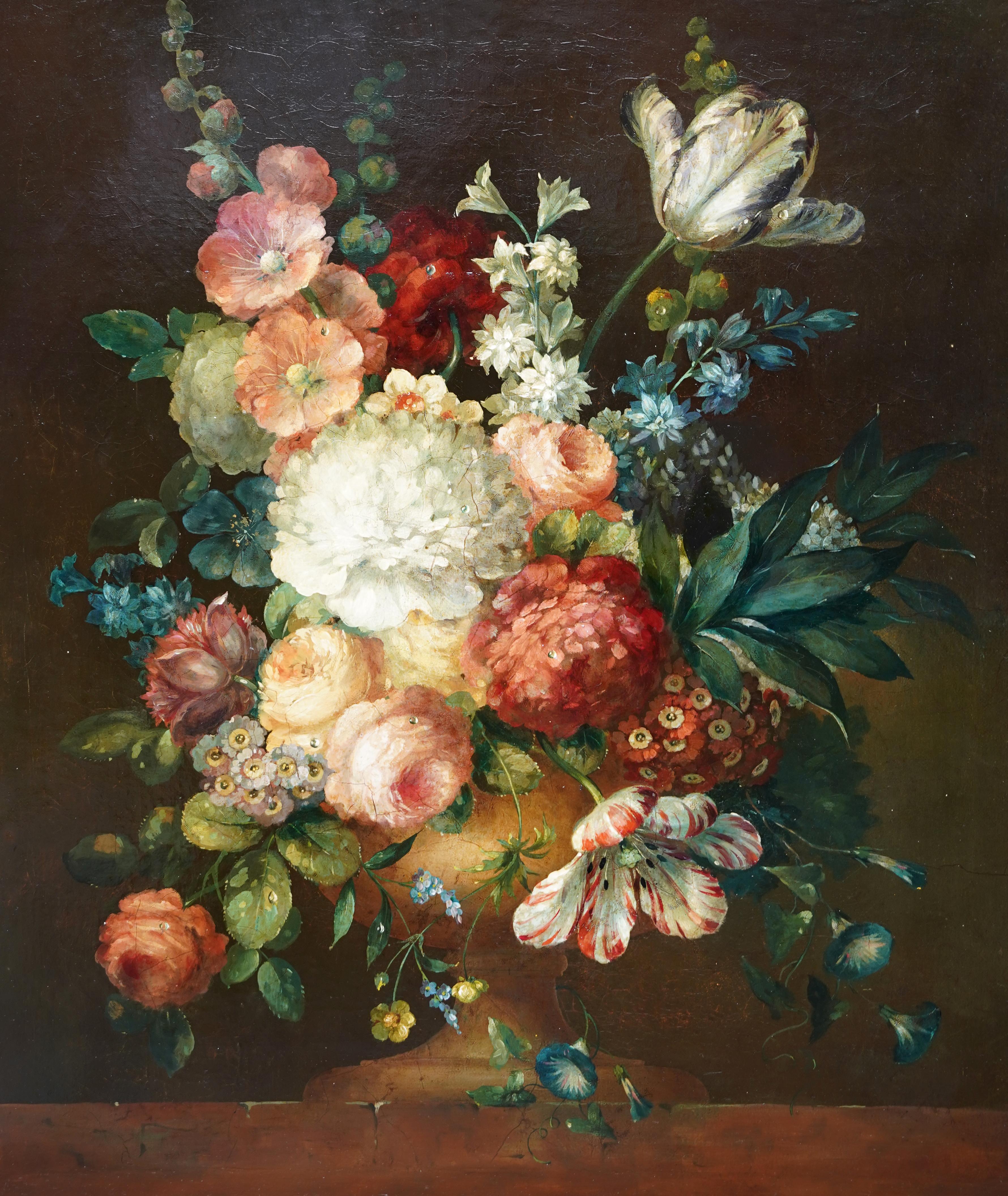 Still Life Floral with Hollyhocks - Dutch 18thC art Old Master oil painting - Painting by Jan Verbruggen (circle)