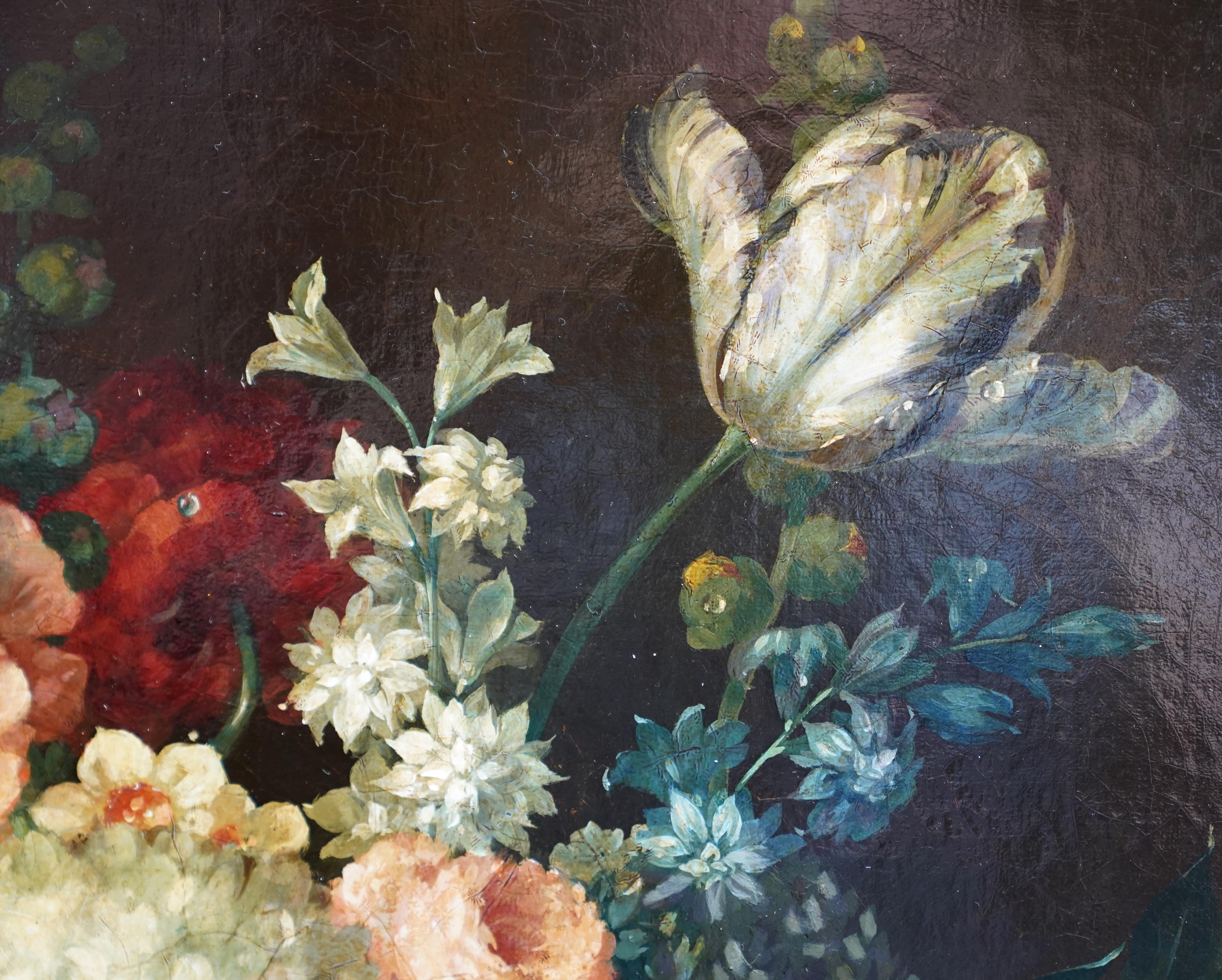 Still Life Floral with Hollyhocks - Dutch 18thC art Old Master oil painting - Old Masters Painting by Jan Verbruggen (circle)