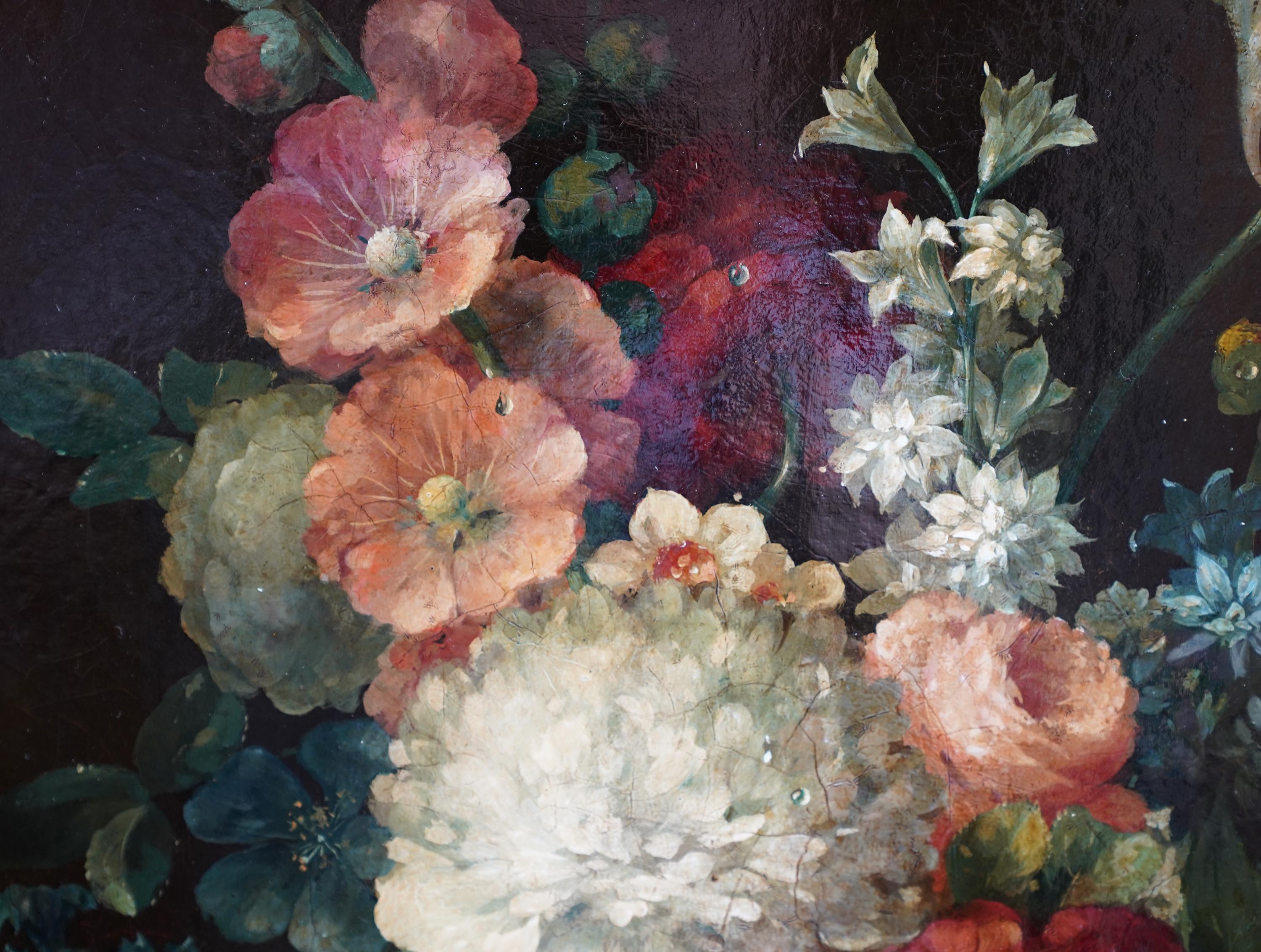 Still Life Floral with Hollyhocks - Dutch 18thC art Old Master oil painting - Black Still-Life Painting by Jan Verbruggen (circle)
