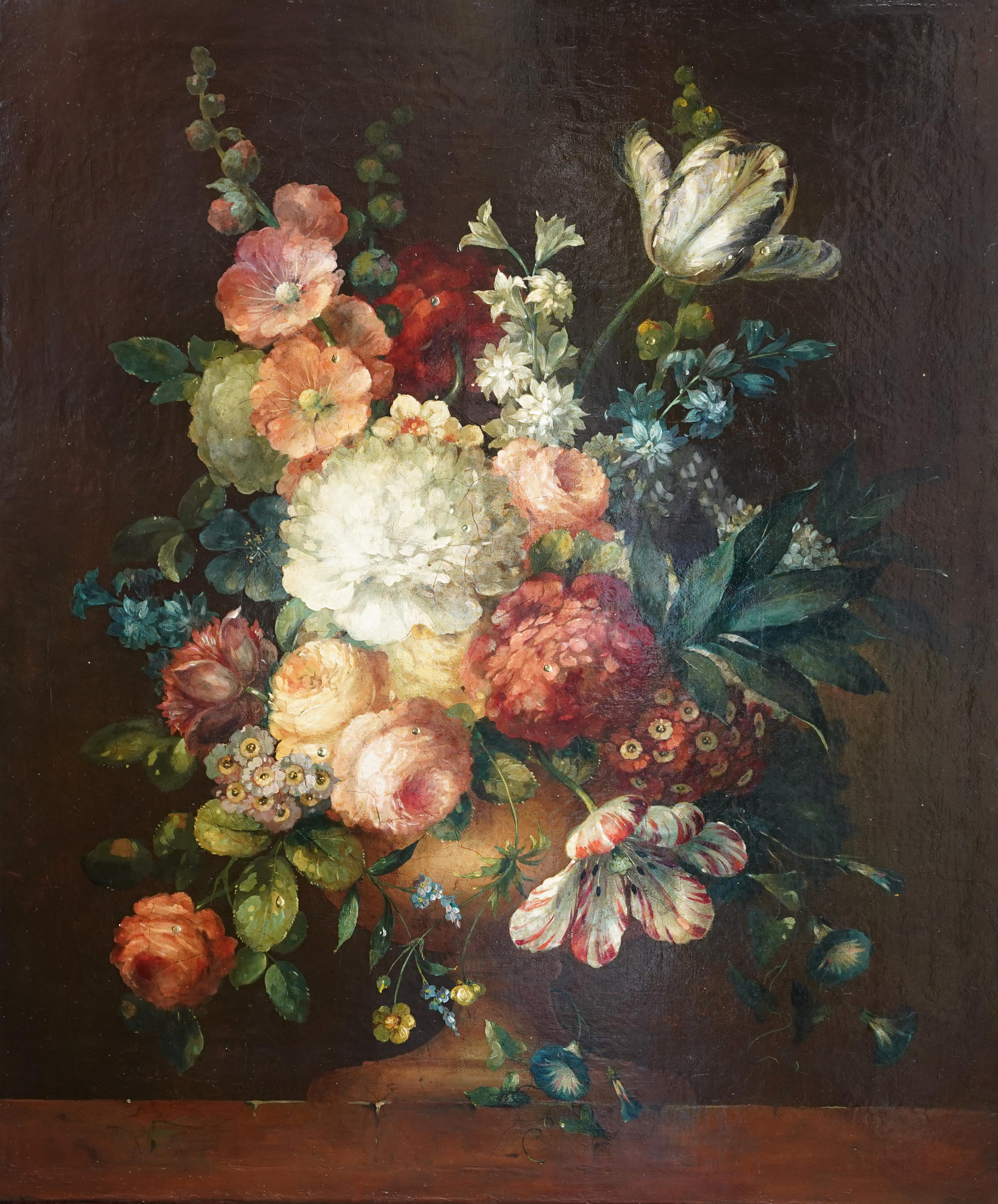 Still Life Floral with Hollyhocks - Dutch 18thC art Old Master oil painting 3