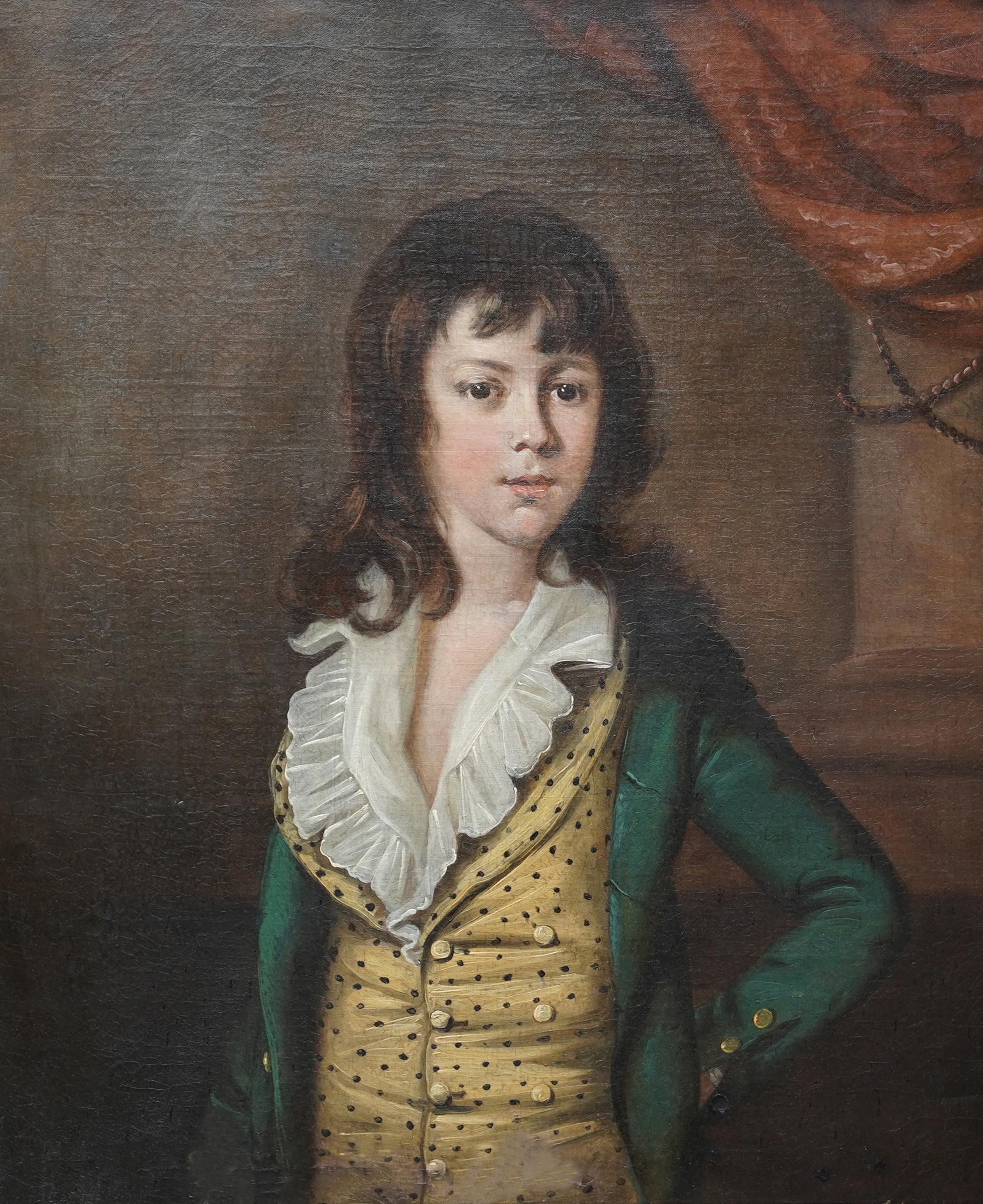 Portrait of Boy in Yellow Waistcoat - British 18thC art Old Master oil painting - Black Portrait Painting by John Berridge