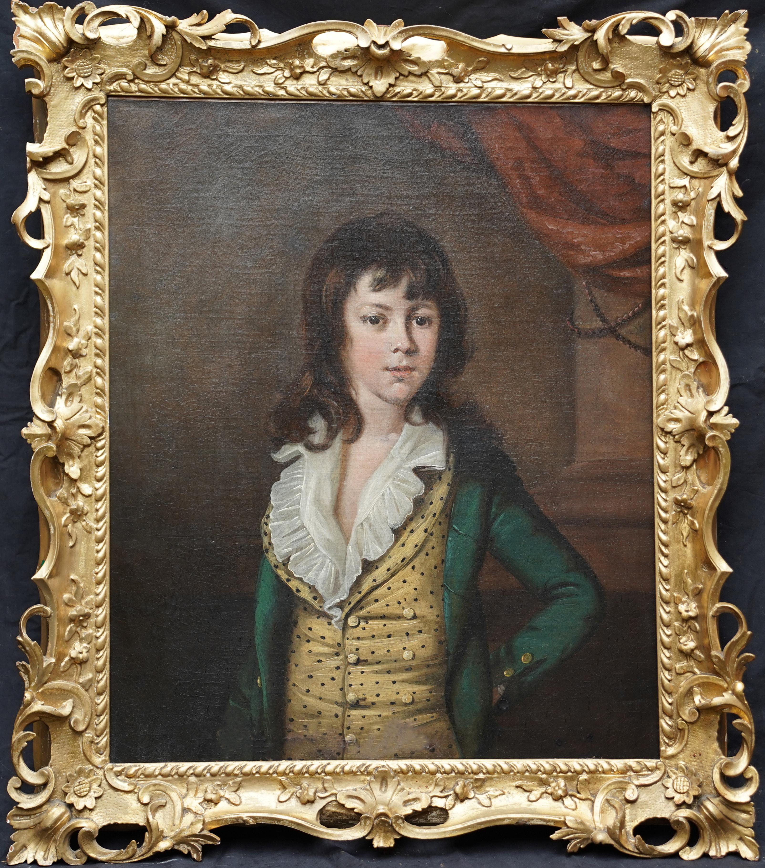 This gorgeous 18th century British portrait oil painting is by Old Master artist John Berridge. Painted in 1769 it is a half length portrait of a dark haired boy in sumptuous yellow waistcoat and ruffled white collar under a green jacket. He is