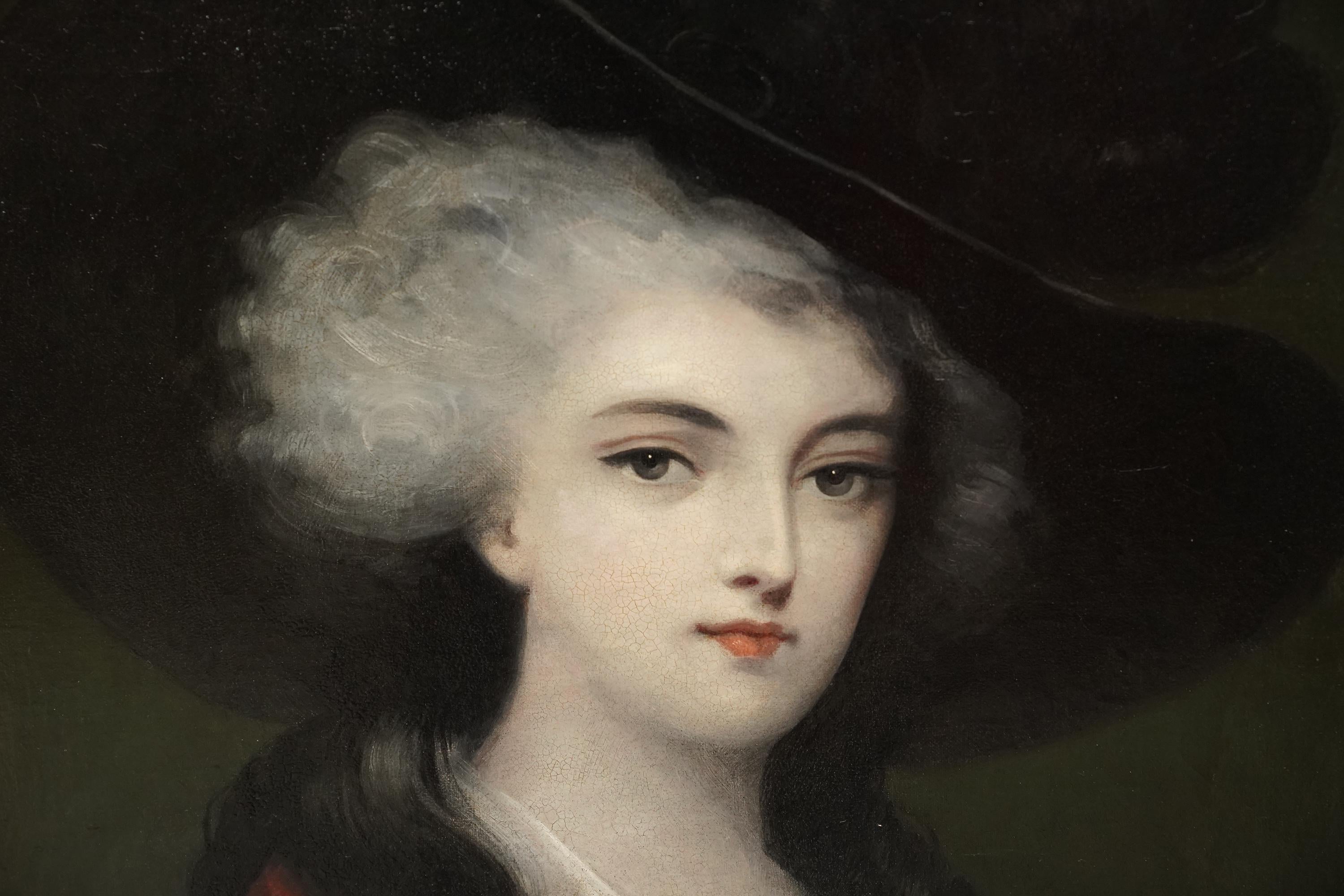 Portrait of a Lady in a Red Cape - British 19th Century art oil painting - Old Masters Painting by John Joseph Barker of Bath (att)