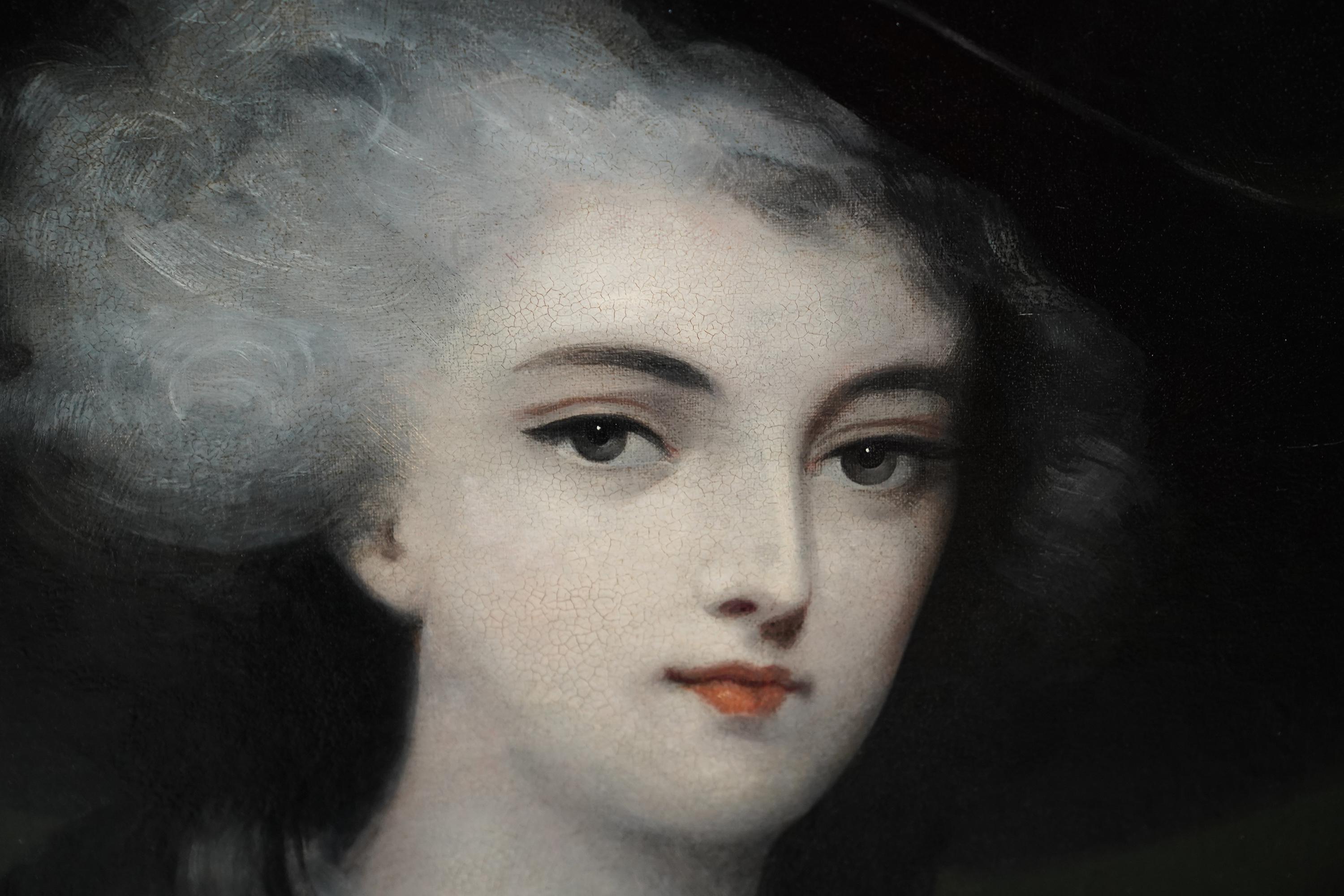 Portrait of a Lady in a Red Cape - British 19th Century art oil painting - Black Portrait Painting by John Joseph Barker of Bath (att)
