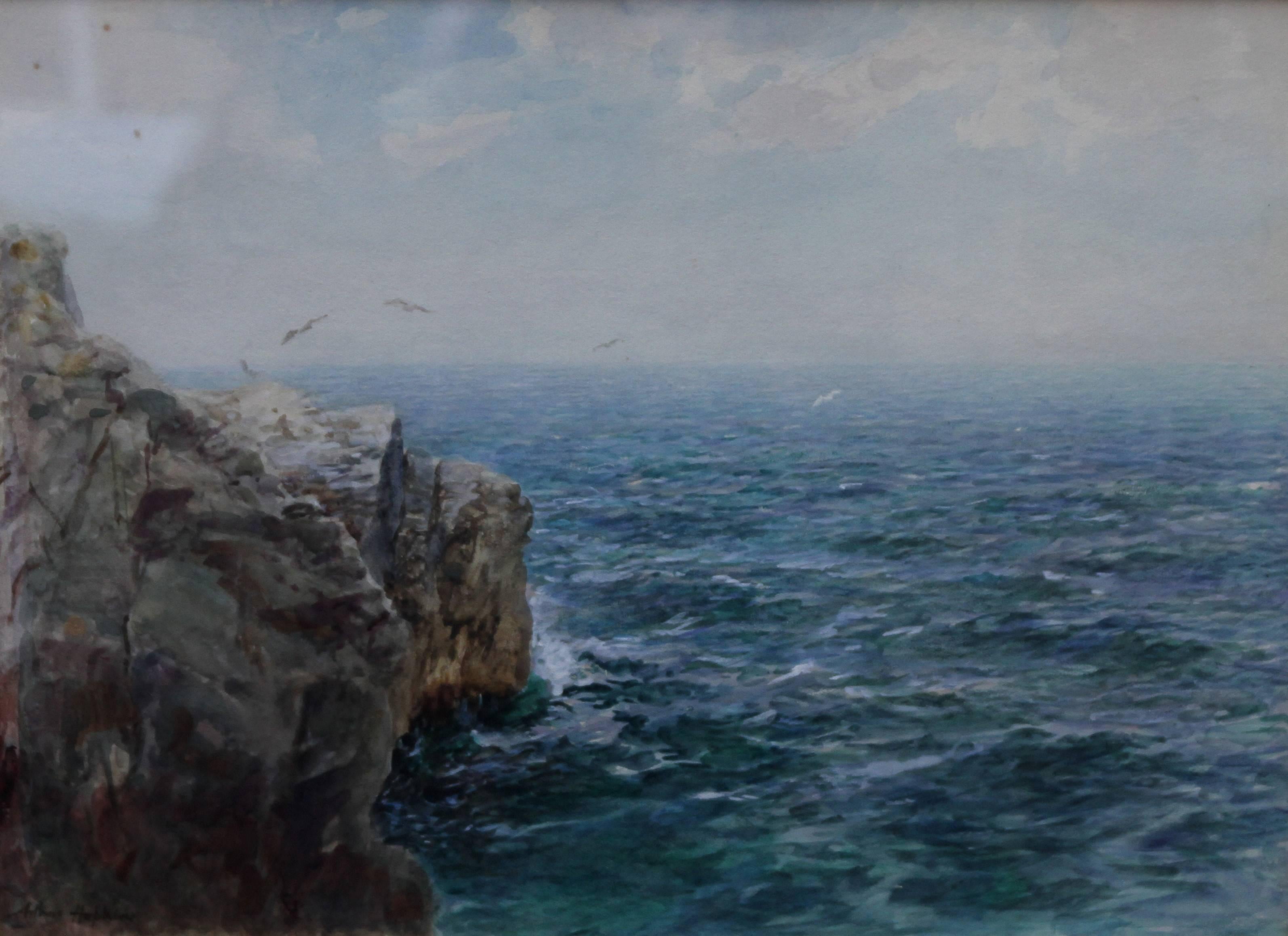 Atlantic Shores - British Victorian art Cornwall painting seascape seagulls  - Art by Arthur Hopkins