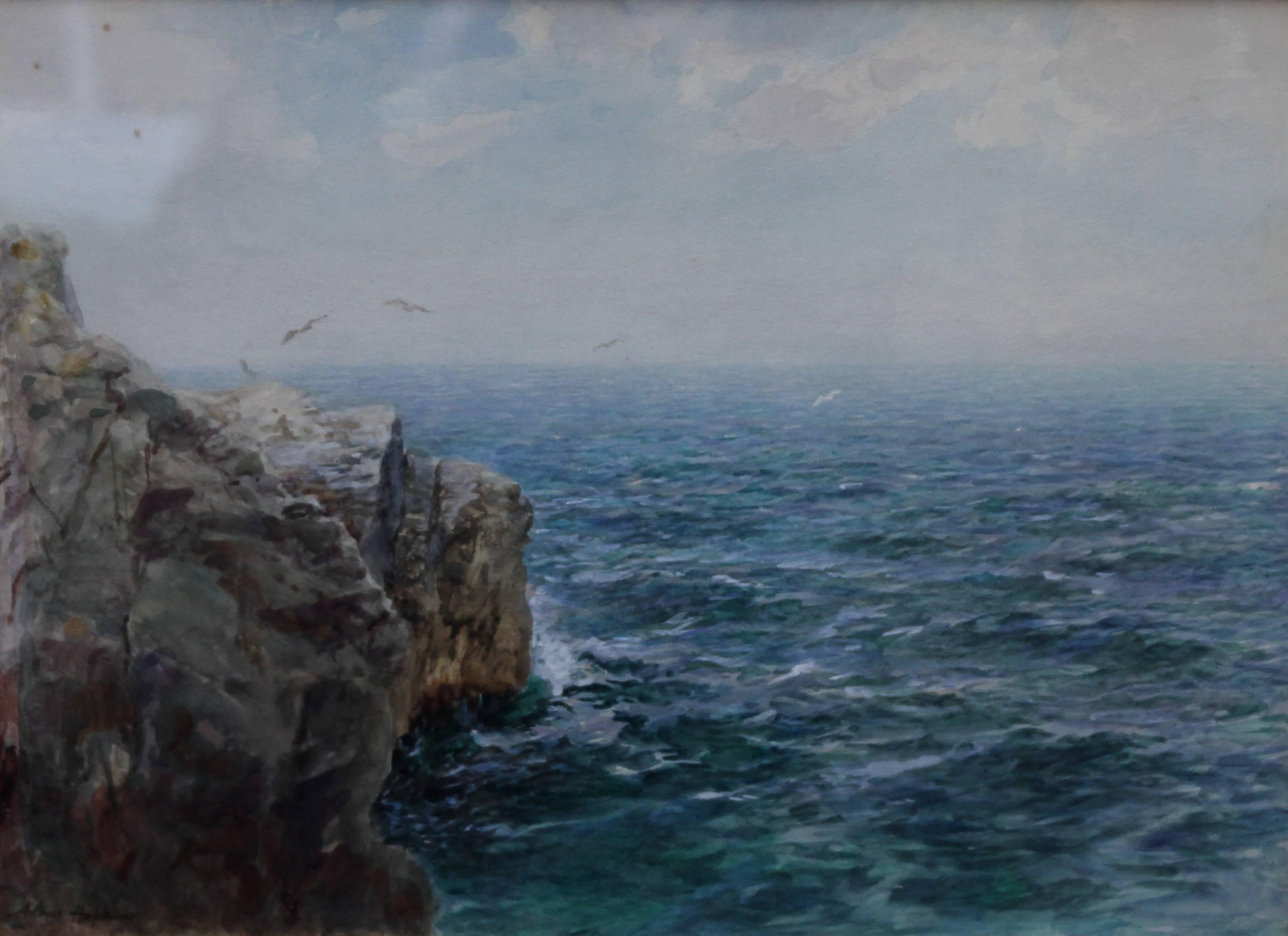 Atlantic Shores - British Victorian art Cornwall painting seascape seagulls - Art by Arthur Hopkins