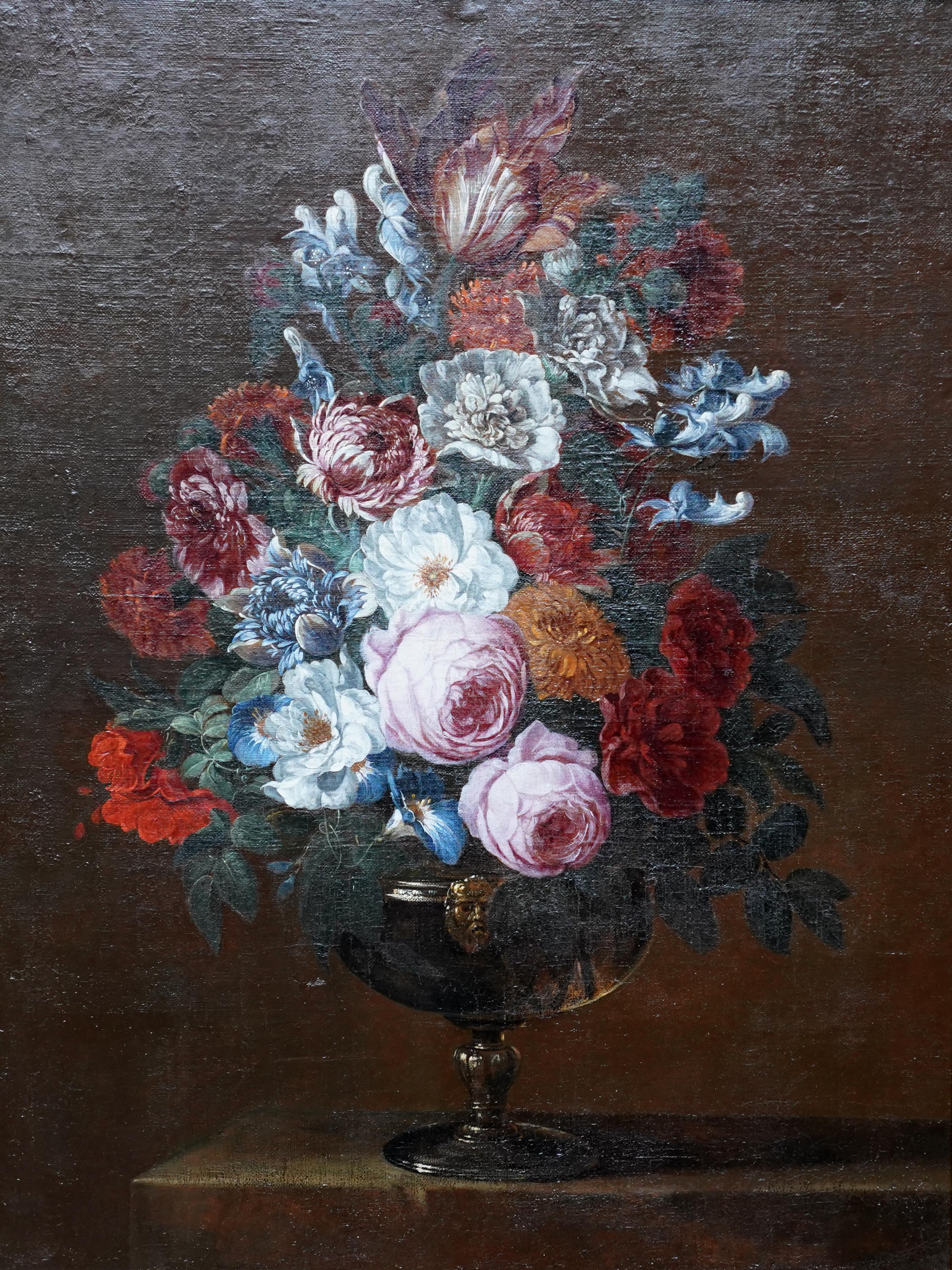 Floral Bouquet with Peonies -Dutch Golden Age art floral still life oil painting - Painting by Jan Van Huysum (follower)