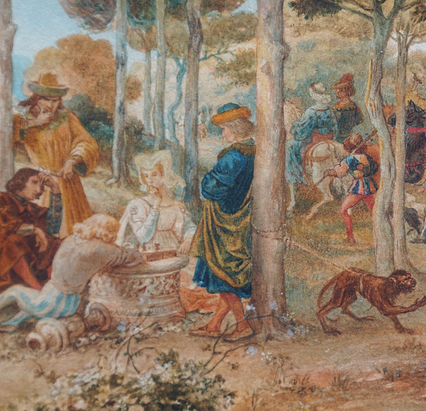 Florentine Garden - Italian Victorian Pre-Raphaelite art landscape painting - Brown Landscape Art by Riccardo Meacci