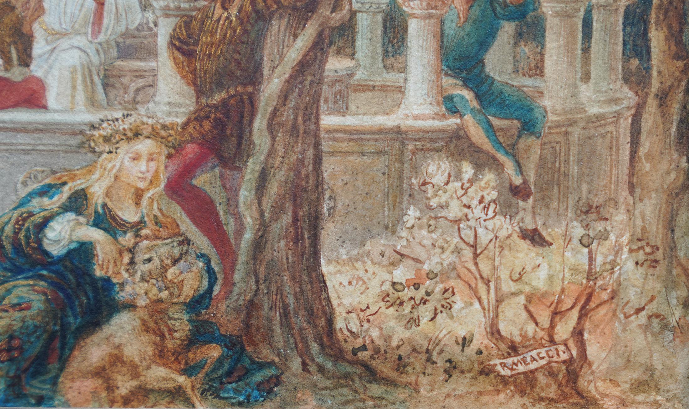 A super detailed watercolour which depicts a Florentine Garden. Painted circa 1890 by Riccardo Meacci the scene portrays a medieval garden party populated with various animals and characters. 
Signed lower right.
Provenance.  Midlands