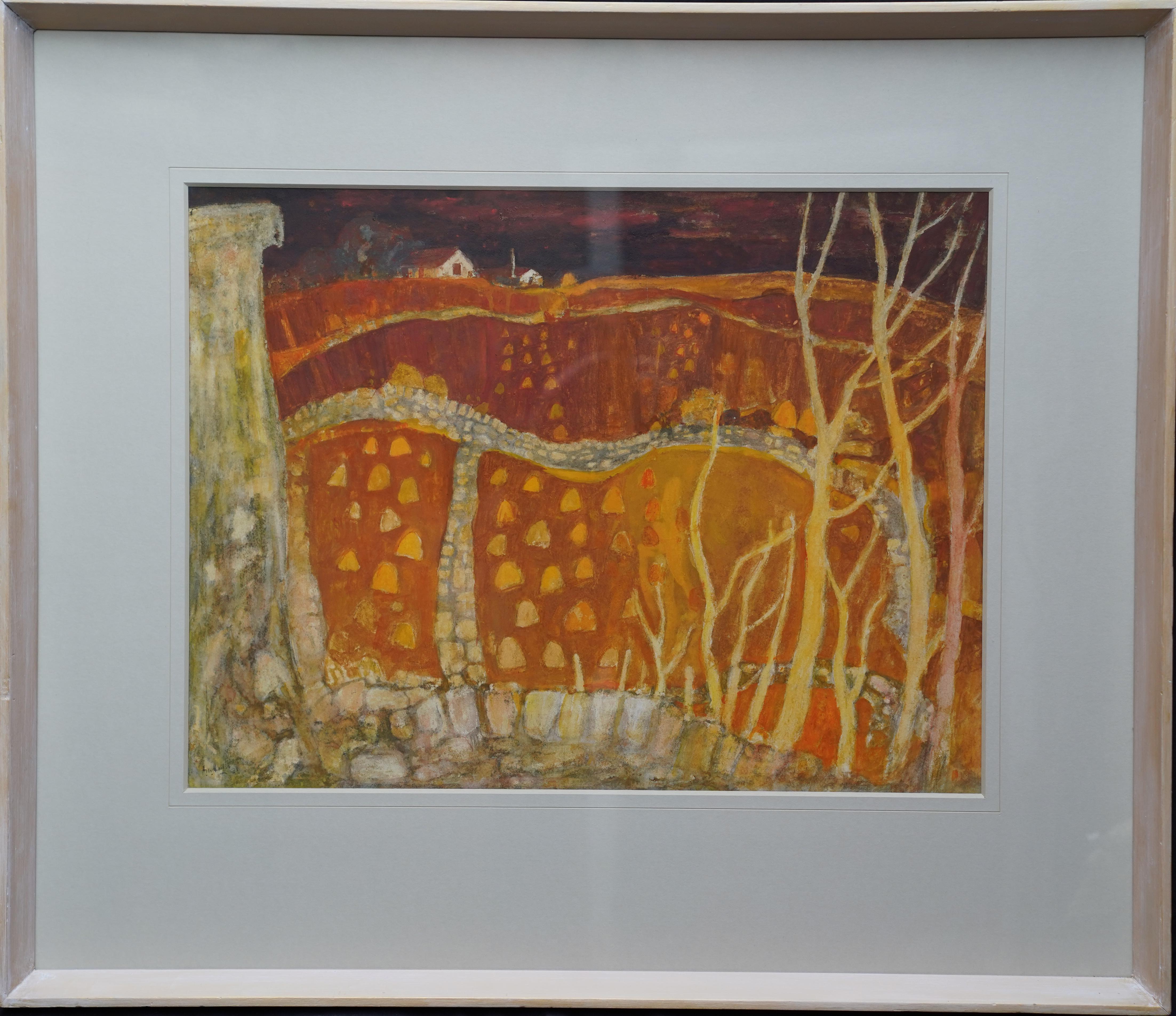 View Across Farmland - Scottish 20thC Expressionist art landscape painting gold