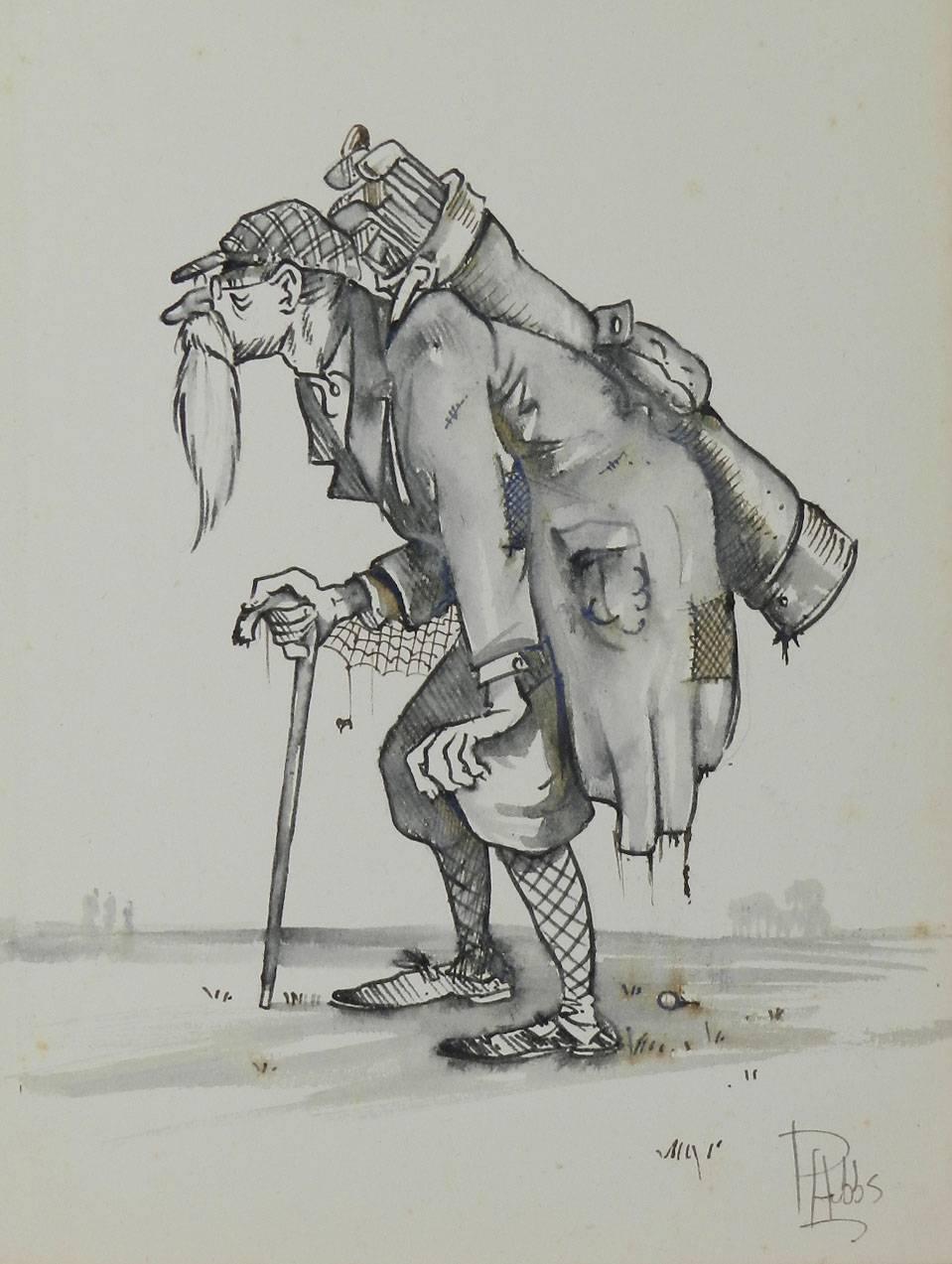 Amusing original sketch caricature of a Golfer
From a series of golf caricatures by the UK artist Peter Hobbs, 1930-1994.
Peter Hobbs was a professional sports caricaturist
An Elderly Gentleman man playing golf in Plus Fours complete with Spider and