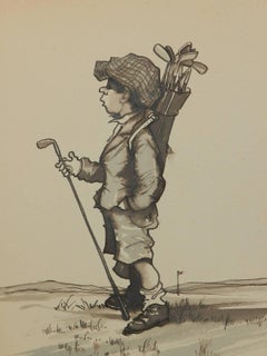 Caricature of a Young Golfer by Peter Hobbs Golf Original Painting c1950