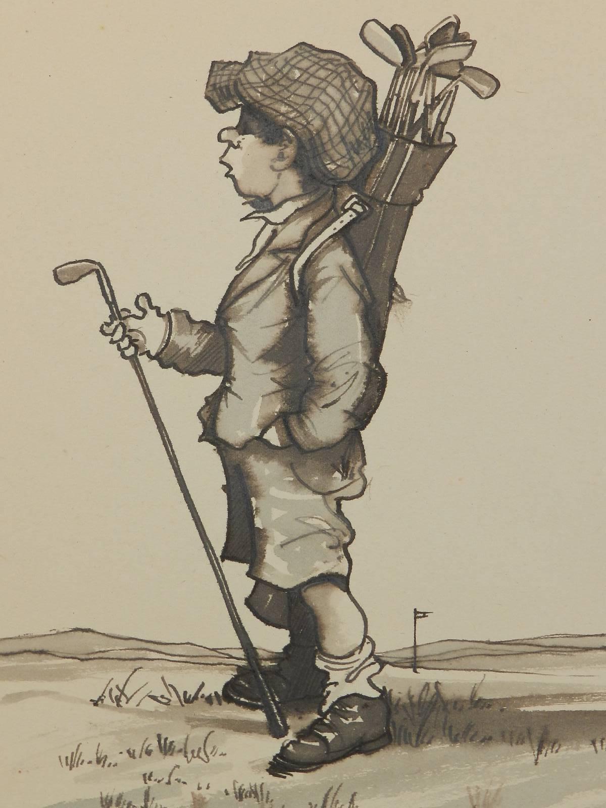 Caricature of a Young Golfer by Peter Hobbs Golf Original Painting c1950 2
