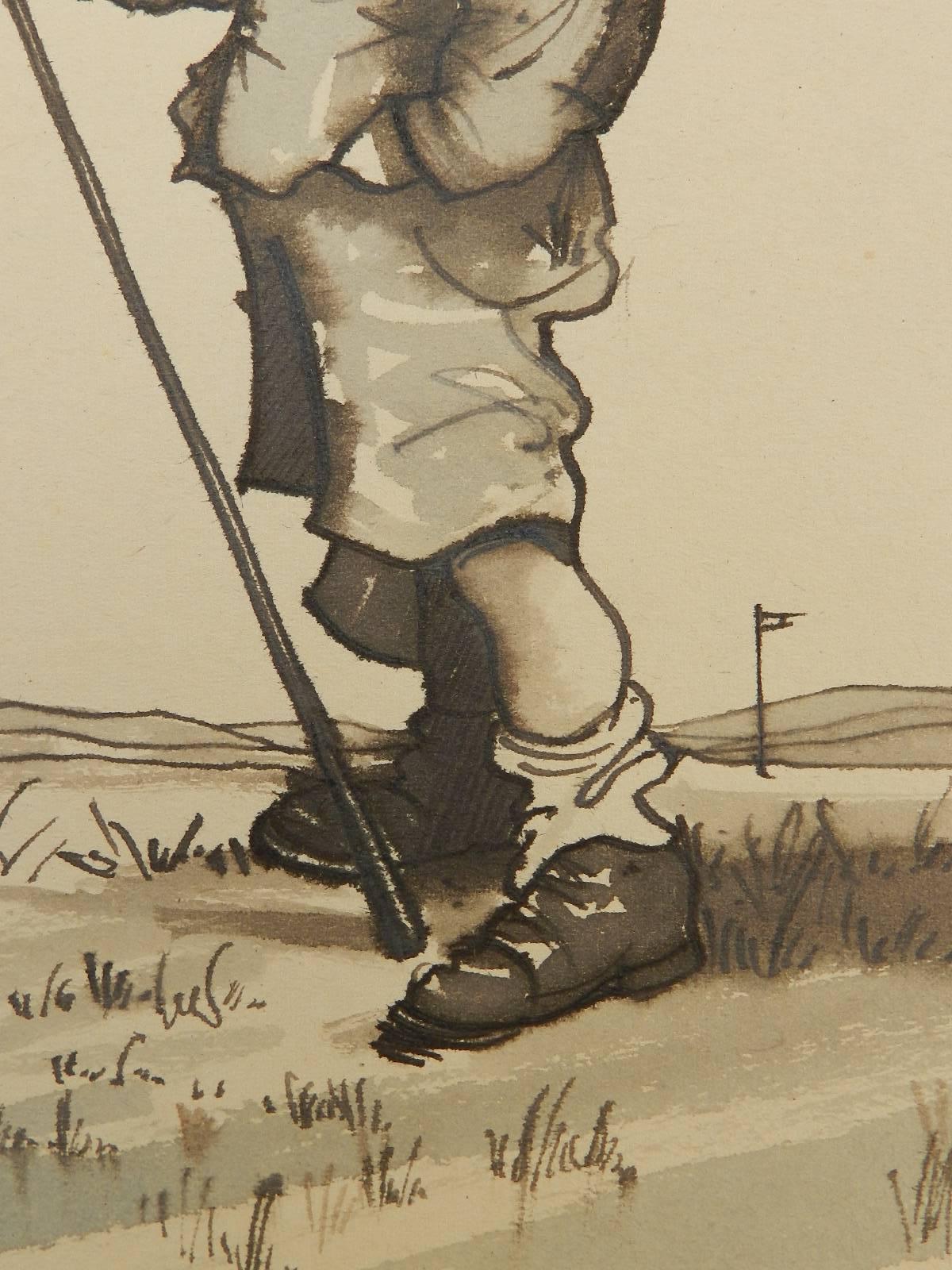 Amusing original sketch caricature of a Golfer
From a series of golf caricatures by the UK artist Peter Hobbs, 1930-1994.
Peter Hobbs was a professional sports caricaturist
A Young Boy playing golf
Pen and ink / watercolour painting on thin artists