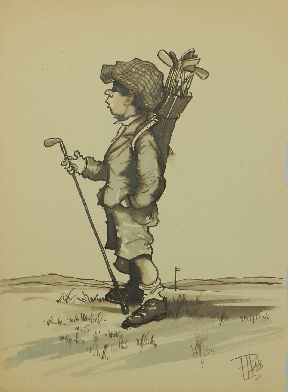 Caricature of a Young Golfer by Peter Hobbs Golf Original Painting c1950 1