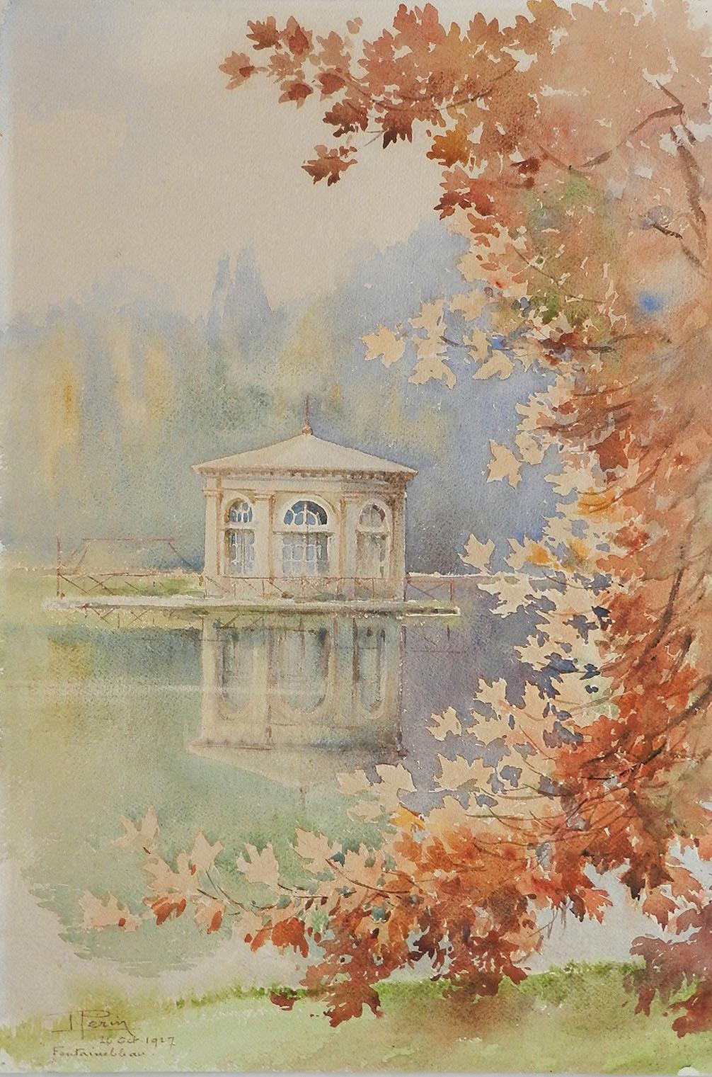 Watercolor Painting of Fontainebleau signed Louis Perin 26th Oct 1927
Louis Perin French Architect and Painter 1871-1940
On good art paper
Good condition with only very minor signs of age 
This will be shipped with its original frame without the