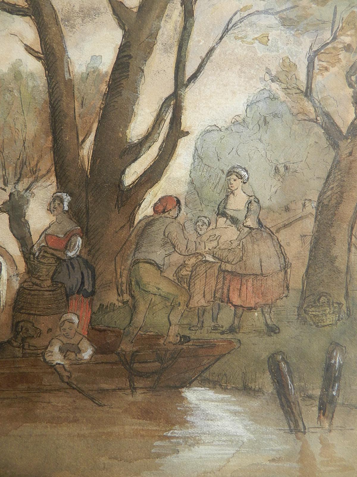Jules Hereau: Dorfbewohner im französischen Stil des 19. Jahrhunderts, Aquarell an der Wasserkante (Impressionismus), Art, von Unknown