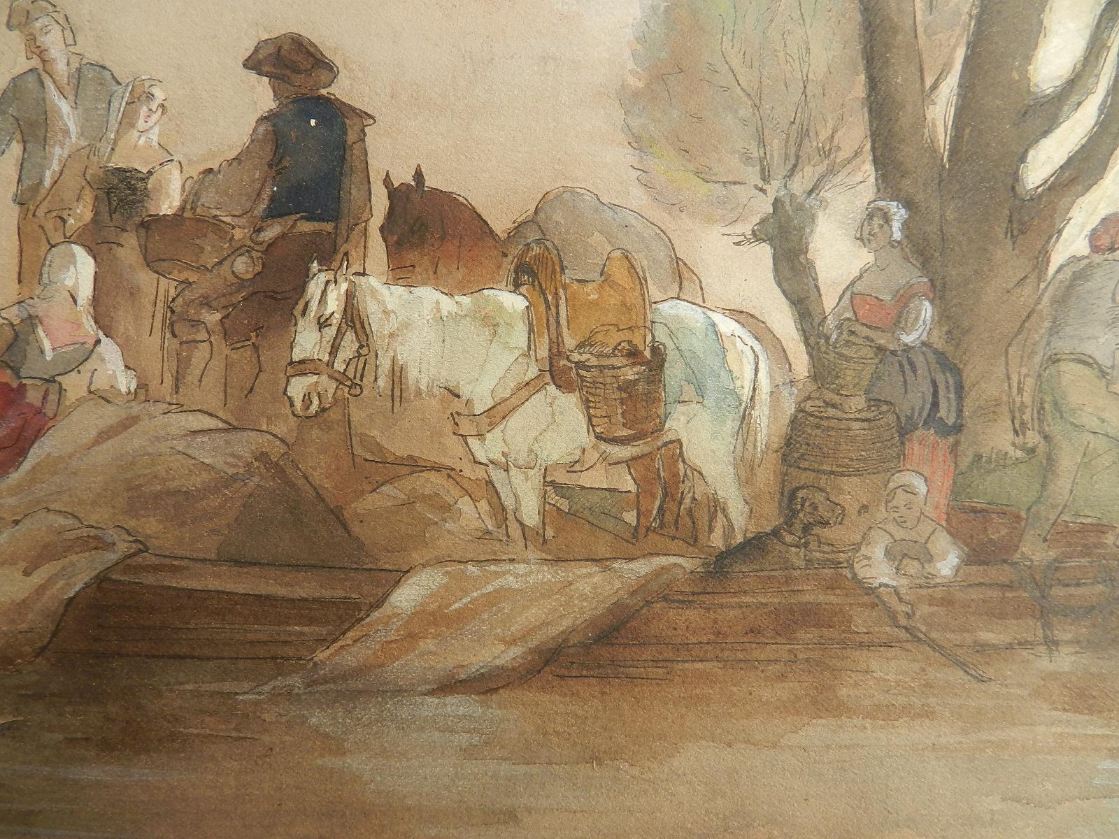 French 19th century Watercolor Villagers at waters edge manner Jules Hereau - Brown Figurative Art by Unknown