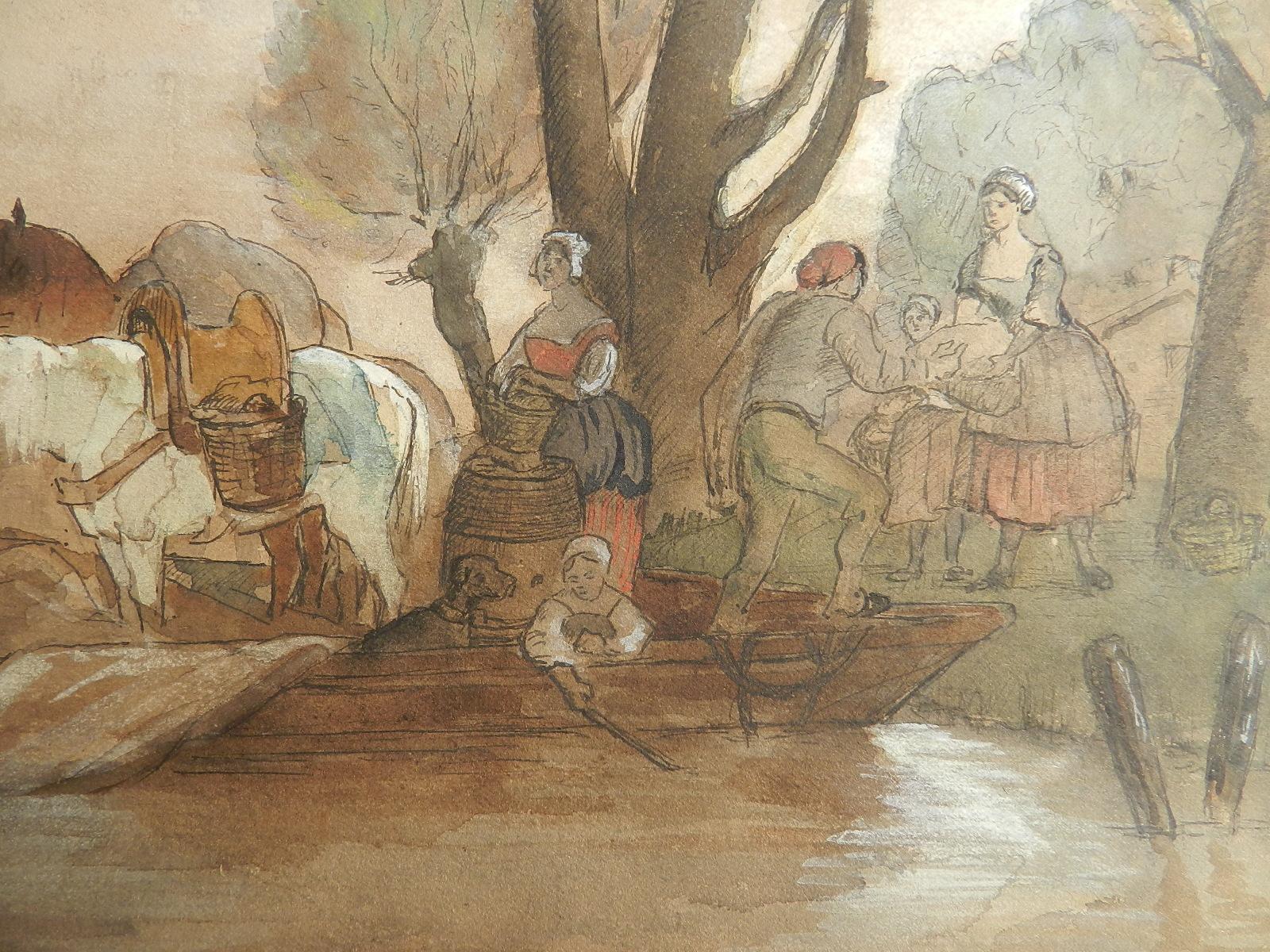 Jules Hereau: Dorfbewohner im französischen Stil des 19. Jahrhunderts, Aquarell an der Wasserkante (Braun), Figurative Art, von Unknown