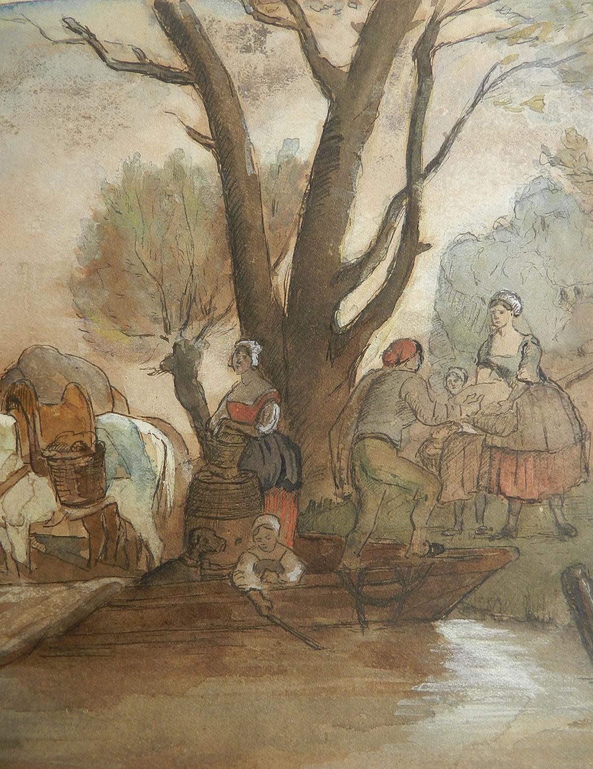 French 19th century Watercolor Study of Villagers at waters edge unframed
Manner of Jules Hereau
Absolutely charming painting from a folio of works from a private estate sale all from a circle of artists amateur and professional  who were friends 