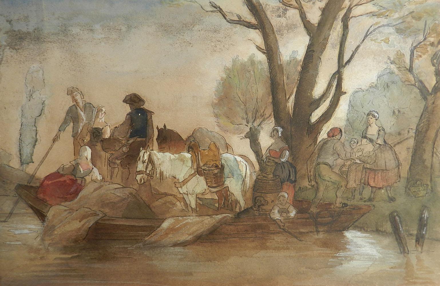 French 19th century Watercolor Villagers at waters edge manner Jules Hereau