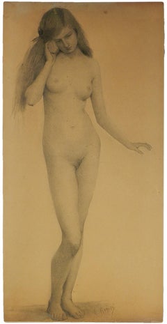 Nude Young Woman listening to Seashell Pencil Drawing by Rogisse de Leliva