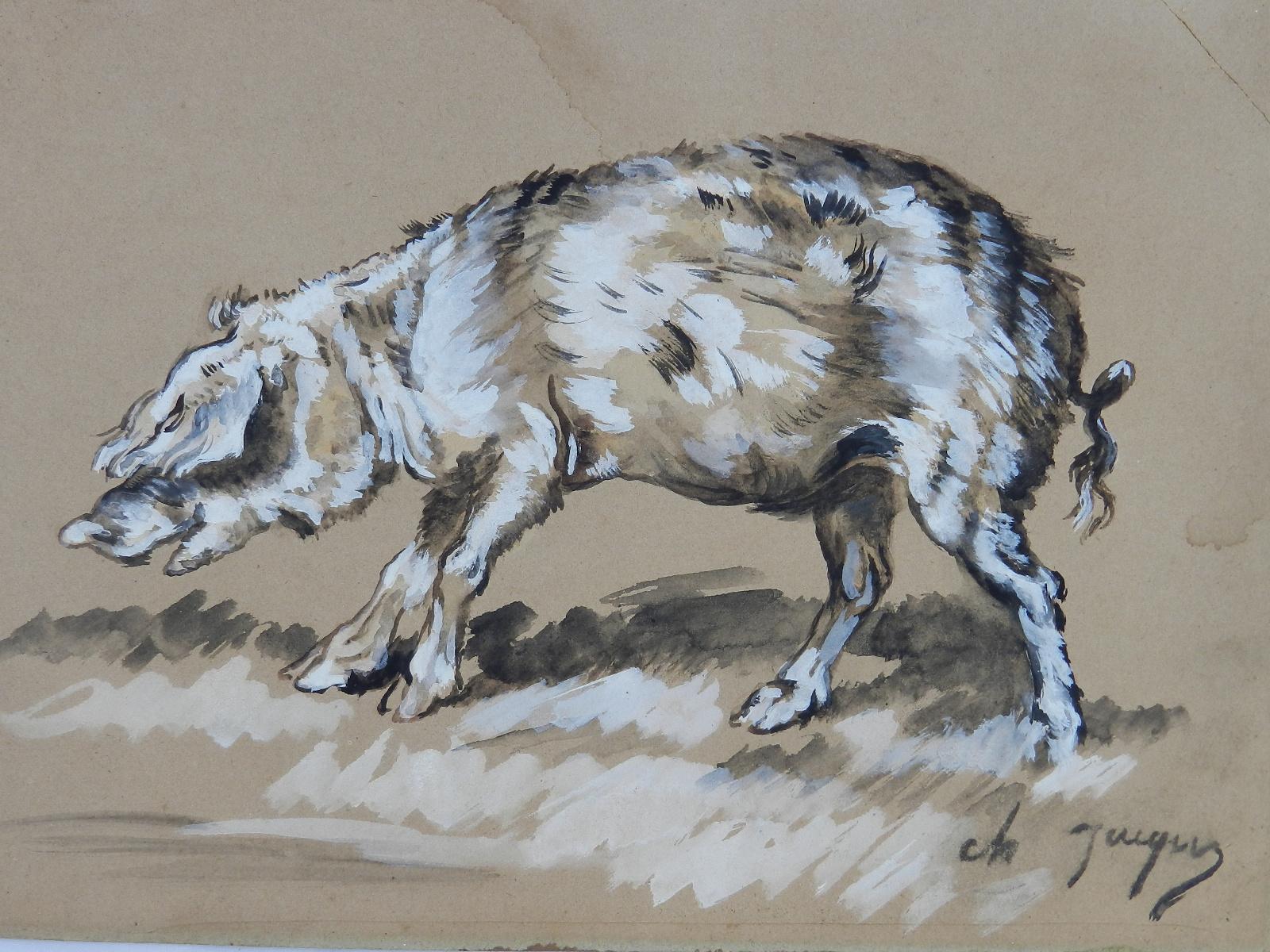 French Watercolour Study Sketch of Pig by Charles Jacque Barbizon School c1830-50
Charles Jacque 1813-1894
One of the inner circle artists of the famous Ecole Barbizon
Really charming study probably in preparation for a larger piece
Right hand top