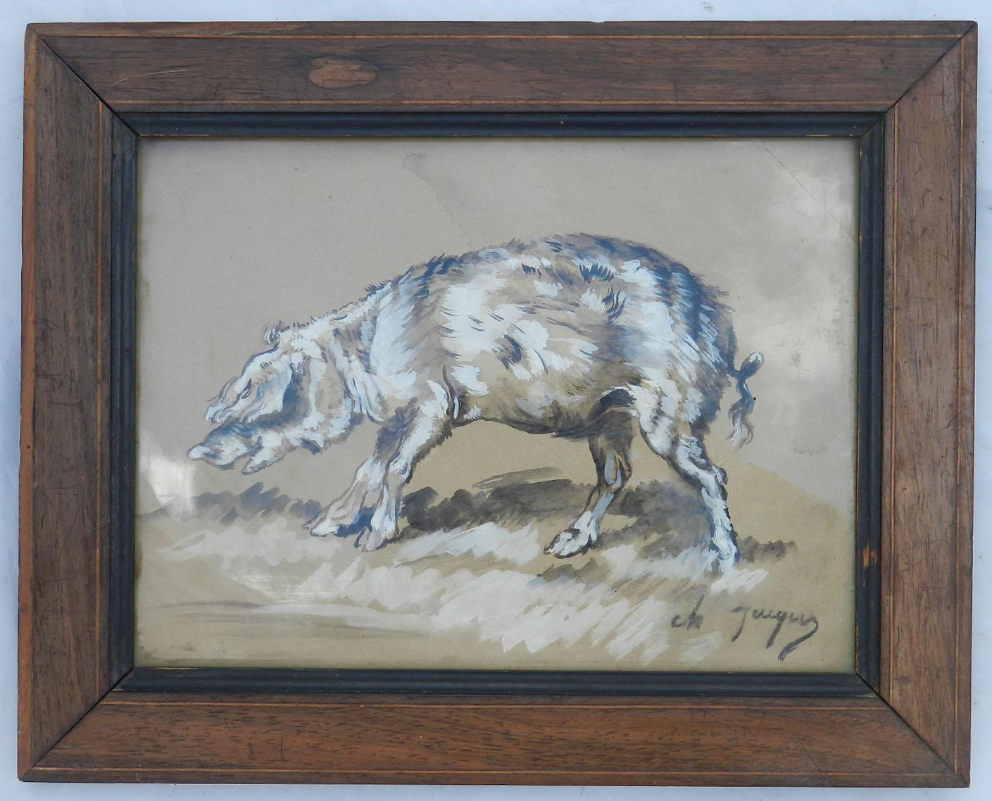 Watercolor Study of Pig by Charles Jacque Barbizon School French 19th century 4