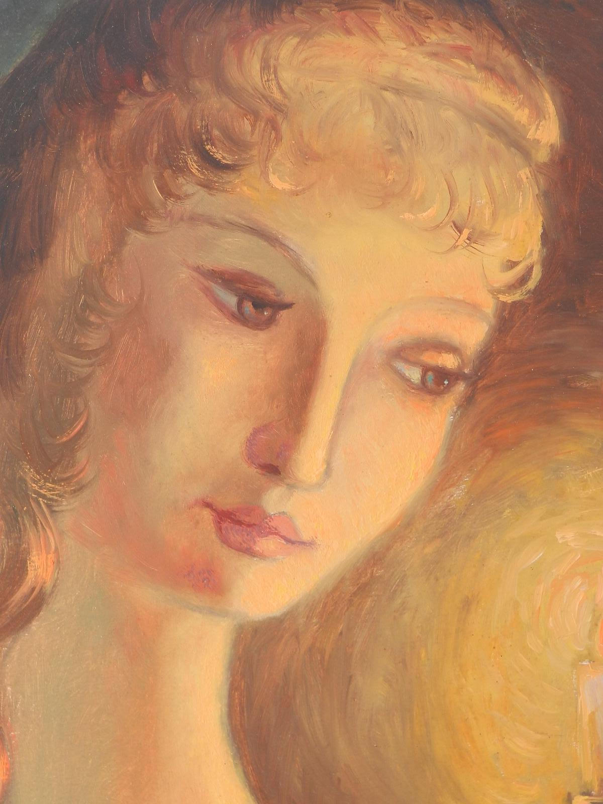 Portrait naïf d'une femme française, huile du milieu du siècle dernier, signée R Lesgourges 1