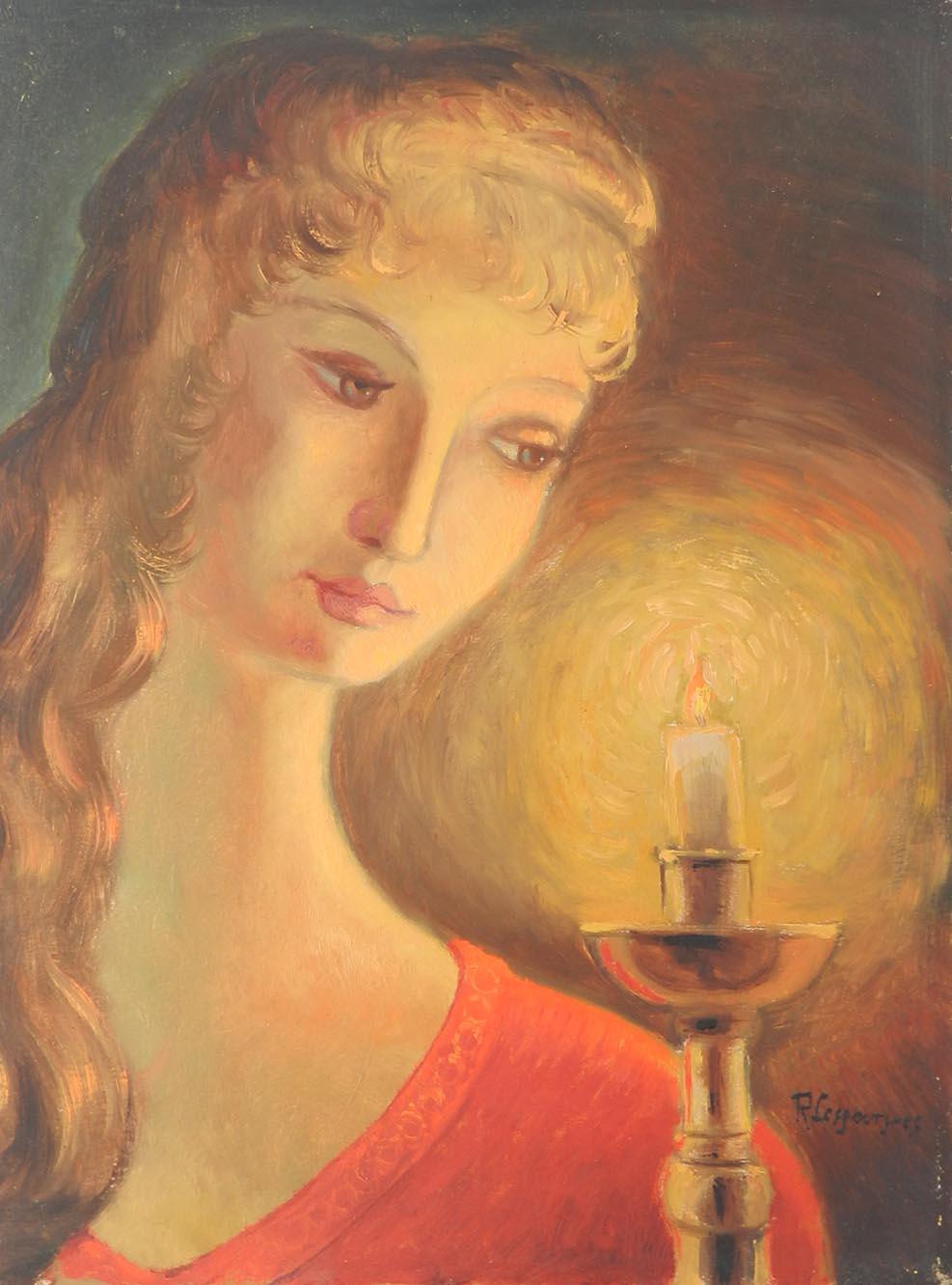 Charmantes naives Porträt einer Frau bei Kerzenlicht um 1950
Öl auf Karton signiert von dem französischen naiven Künstler Robert Lesgourges
Aus der Gascogne und dem Baskenland in Frankreich, die eine traditionelle Gruppe populärer naiver Künstler